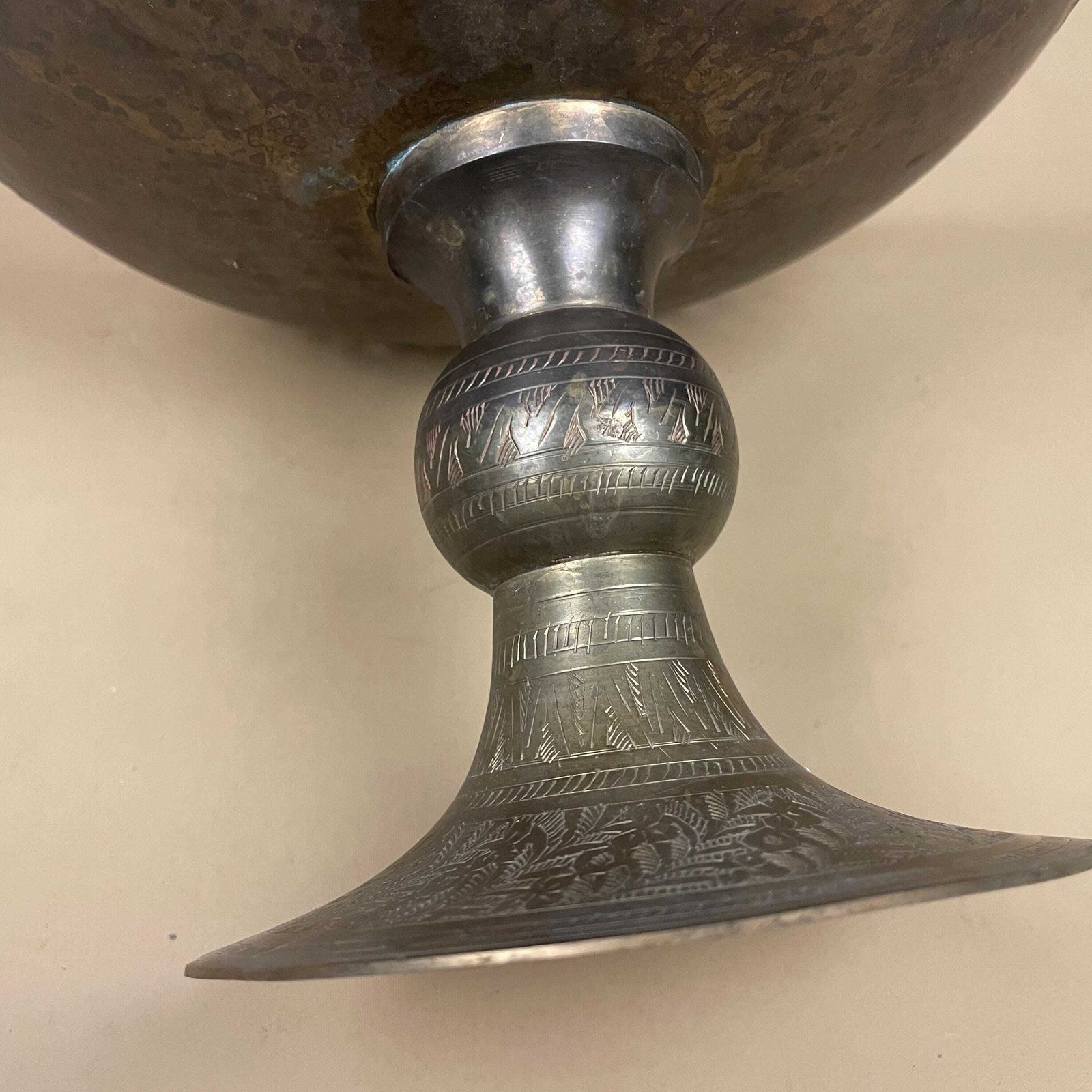 photo furniture Antique Brass Indian Pedestal Bowl Fruit Dish Gold Metal Ornate Table Display Handmade Etched Decorative Round Centrepiece.