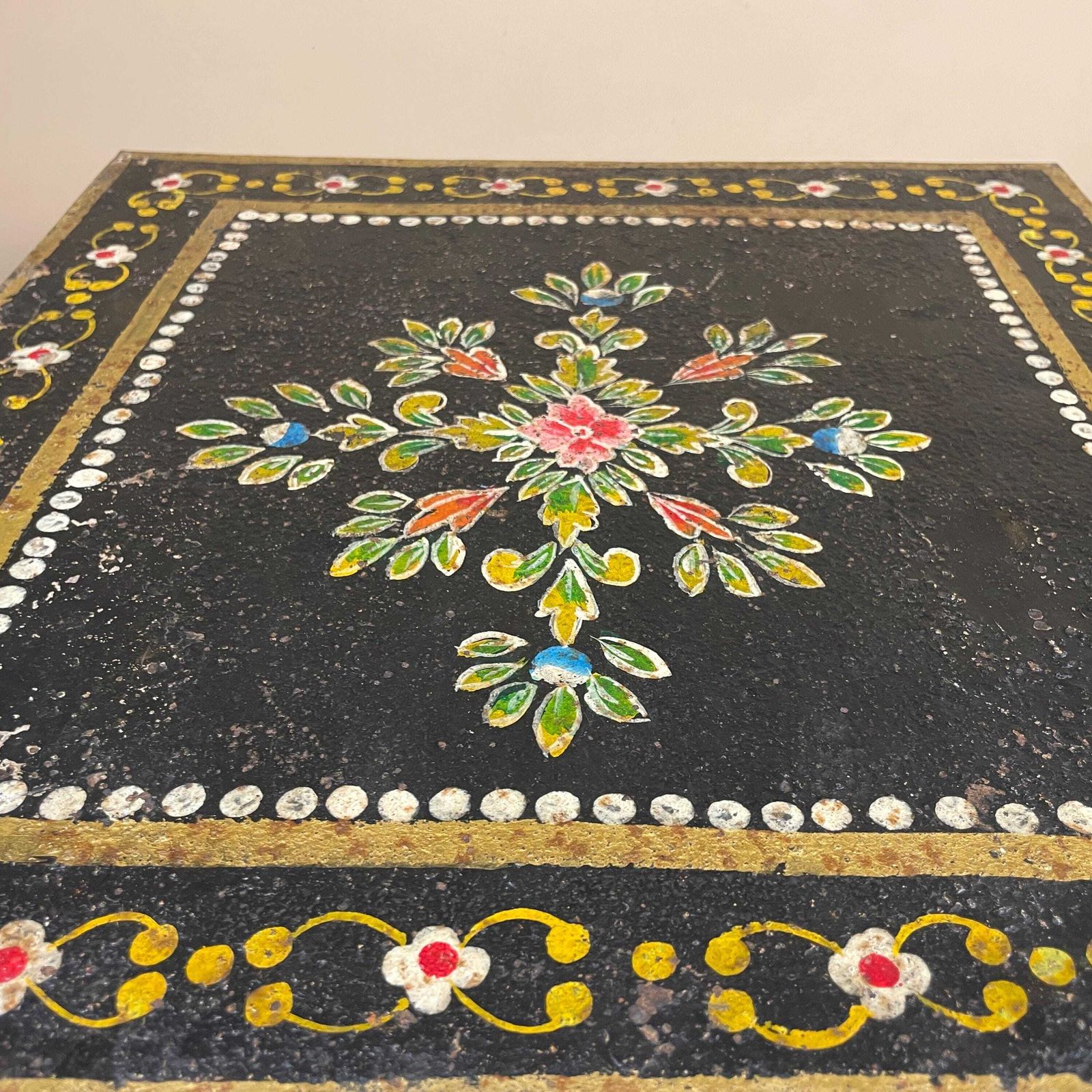 Indian Hand Painted Low Table Black Floral Coffee Table Decorative Plant Stand Metal Rustic Accent Small. photo Furniture