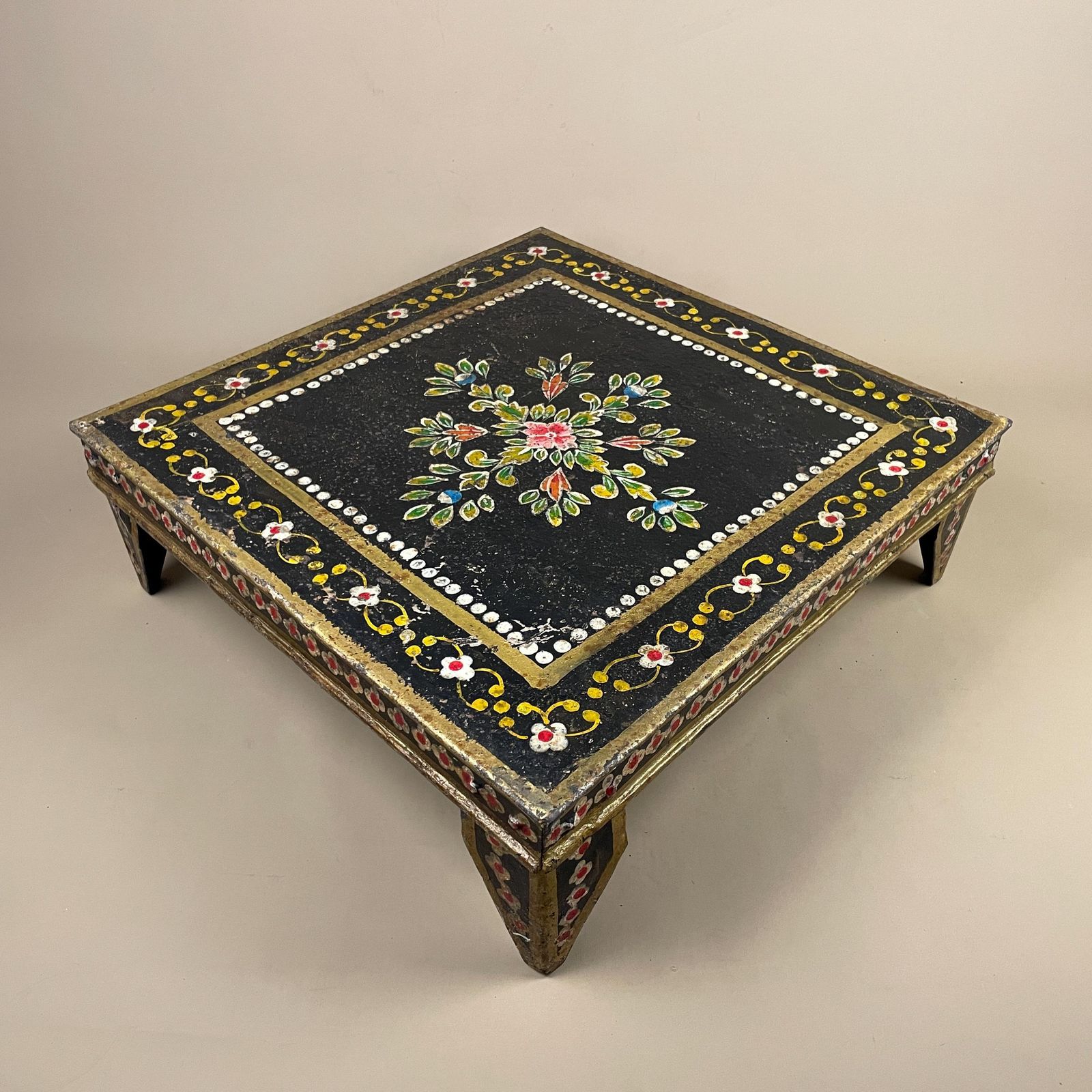 Indian Hand Painted Low Table Black Floral Coffee Table Decorative Plant Stand Metal Rustic Accent Small. photo buy
