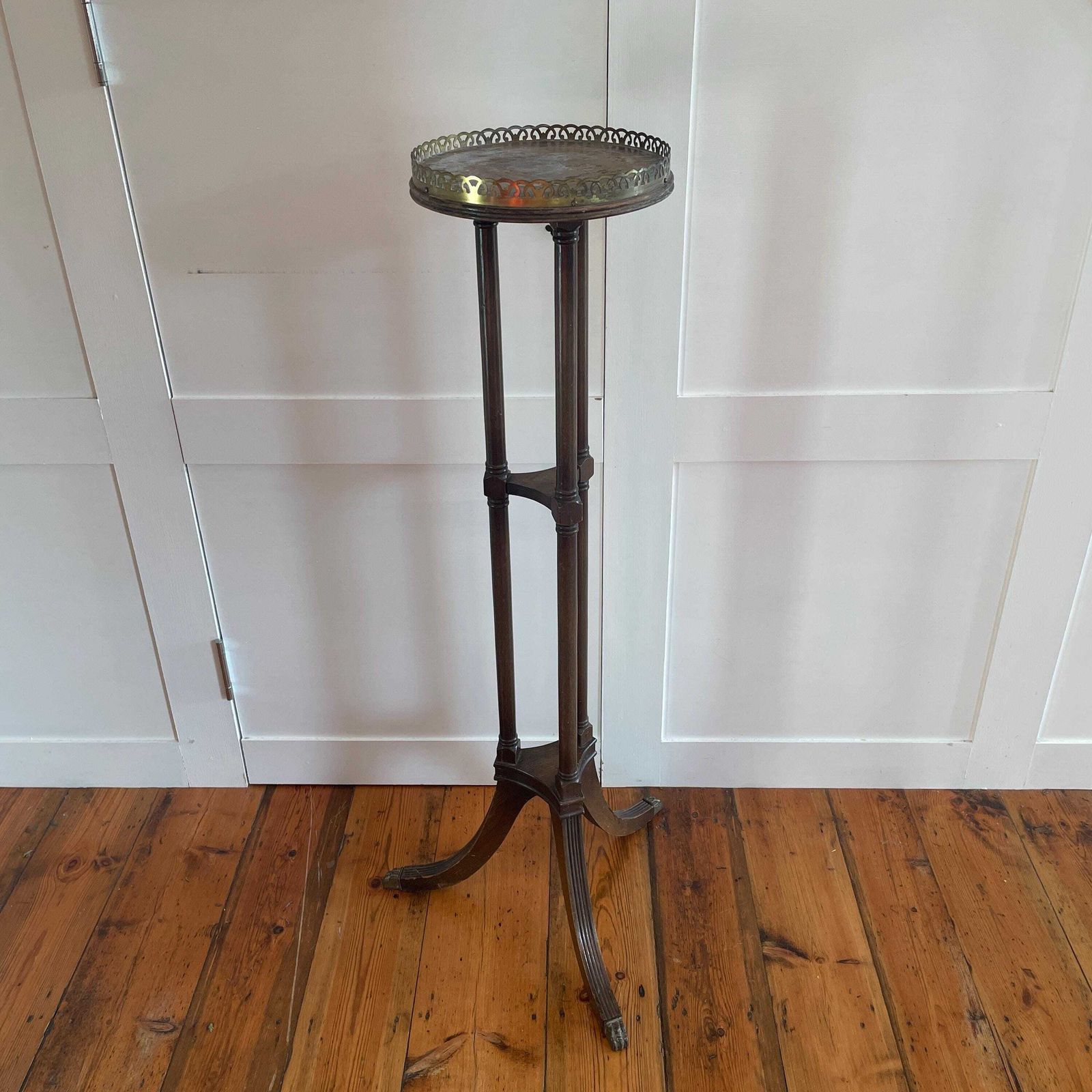 Tall Wooden Plant Stand Brass Gallery Top Vintage Pedestal Display Stand Victorian Style Likely Indian Made Tripod Stand.