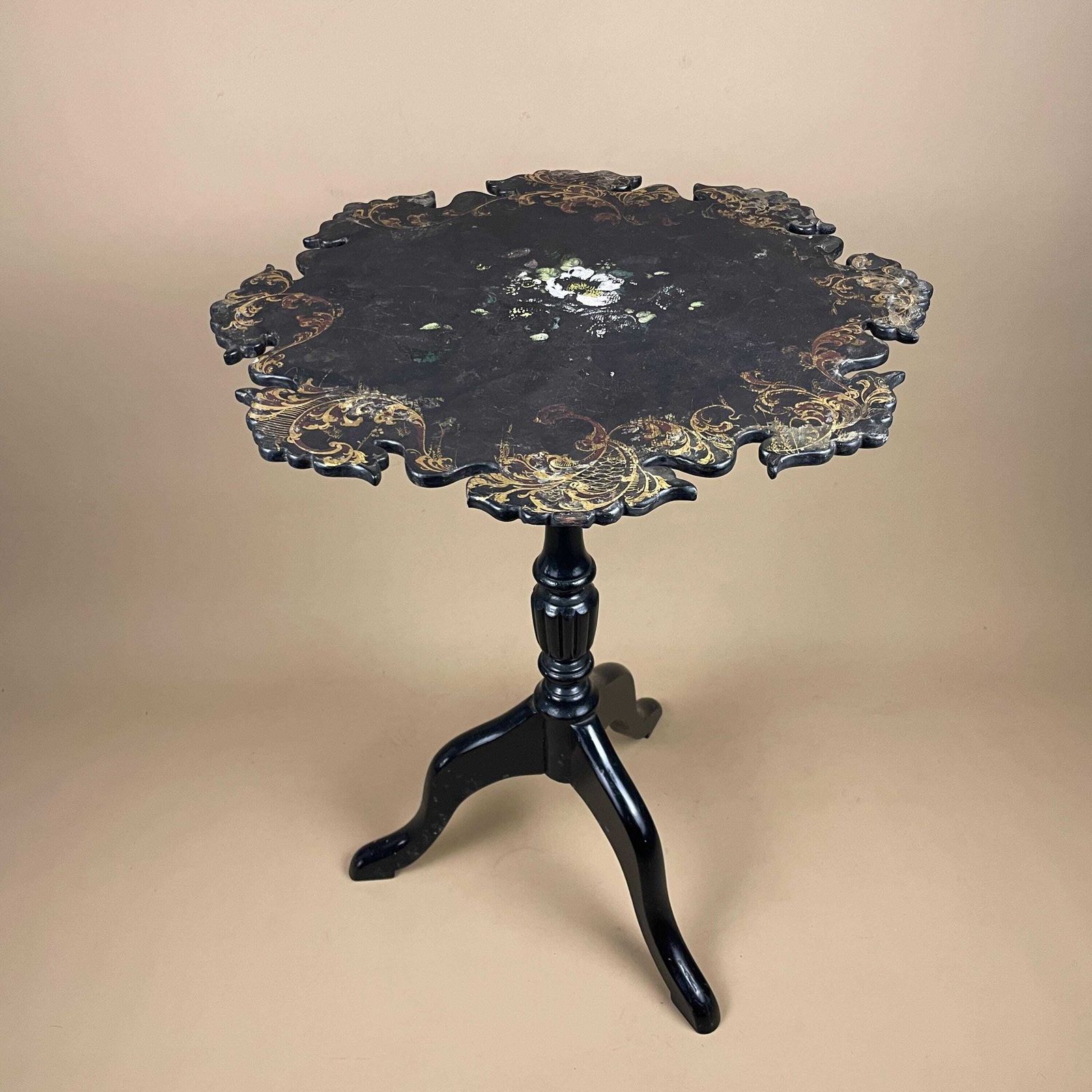Antique Hand Painted Table End Side Table Black Floral Accent Stand Tripod Legs Decorative Plant Stand Small.