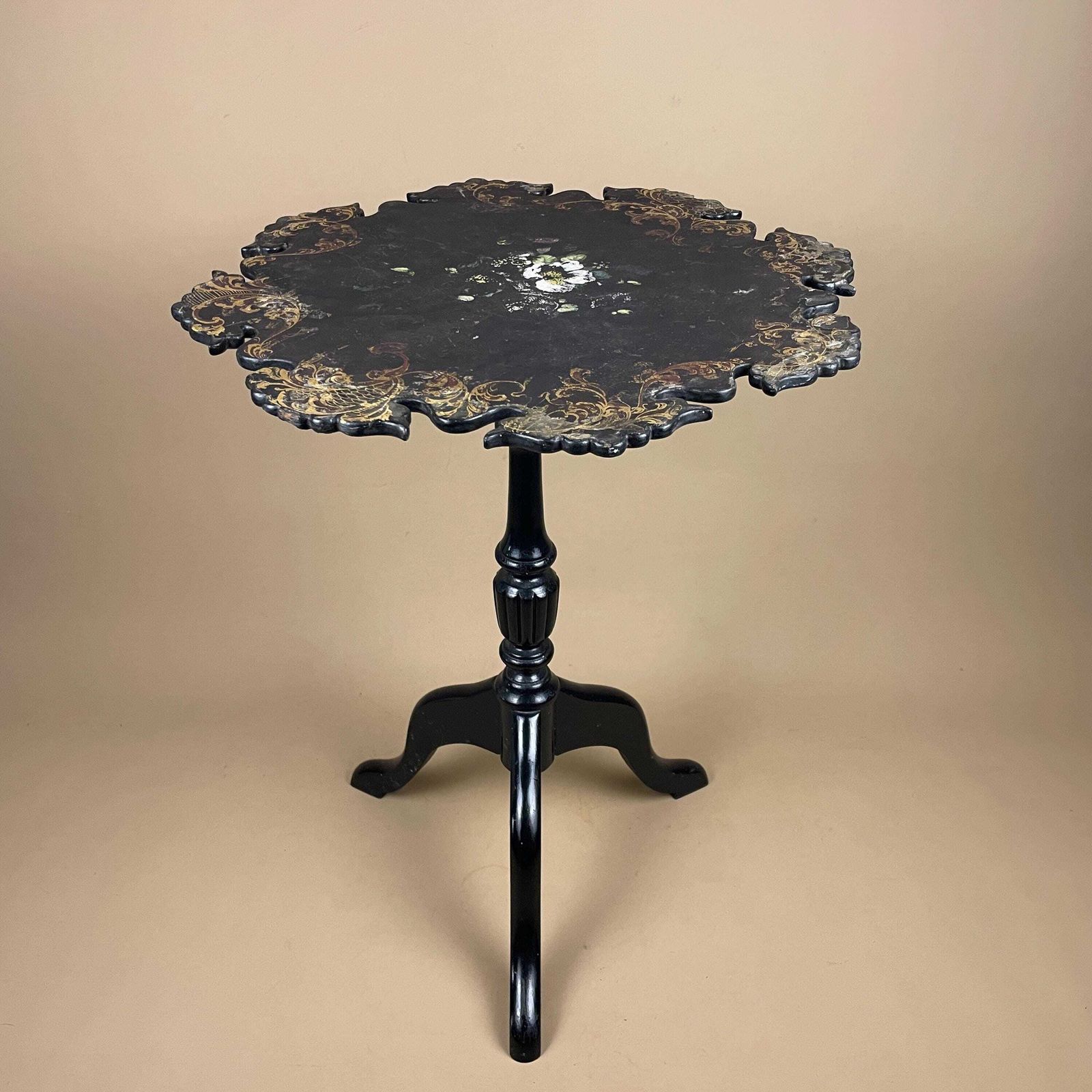 Antique Hand Painted Table End Side Table Black Floral Accent Stand Tripod Legs Decorative Plant Stand Small. photo vintage