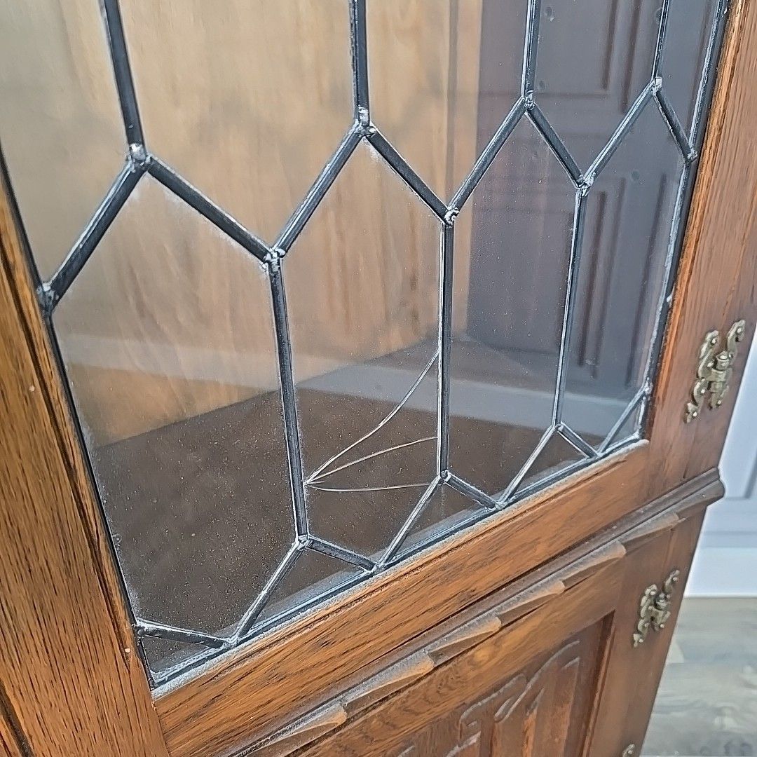 Antique Style Glass Bookcase  Jaycee Oak Leaded Cabinet Jacobean Display Shelves photo vinterior