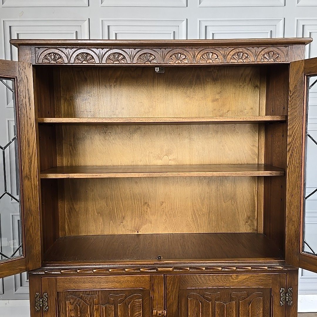 290.0 Antique Style Glass Bookcase  Jaycee Oak Leaded Cabinet Jacobean Display Shelves photo