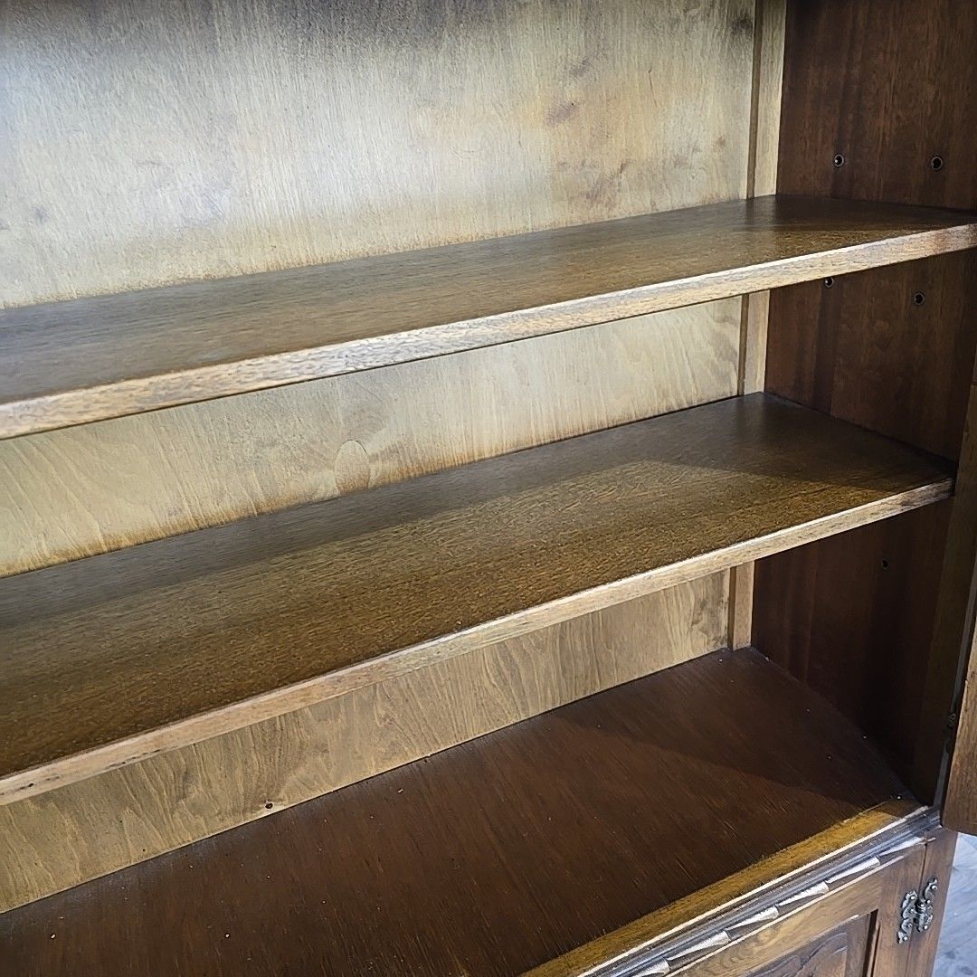 photo vinterior Antique Style Glass Bookcase  Jaycee Oak Leaded Cabinet Jacobean Display Shelves
