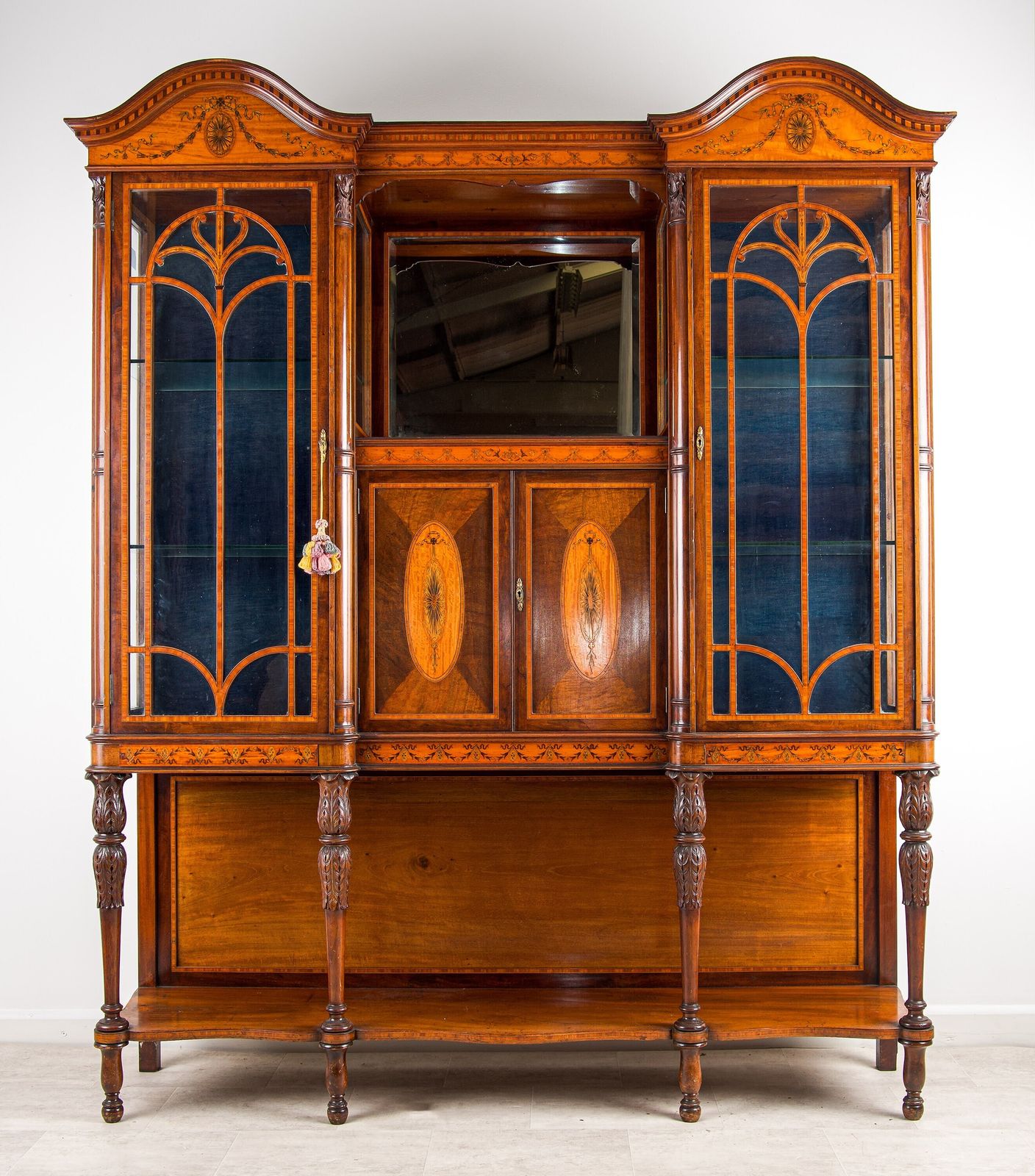 Victorian Mahogany Satinwood Inlaid Breakfront Display Cabinet Glazed Vitrine C.1890 photo furniture