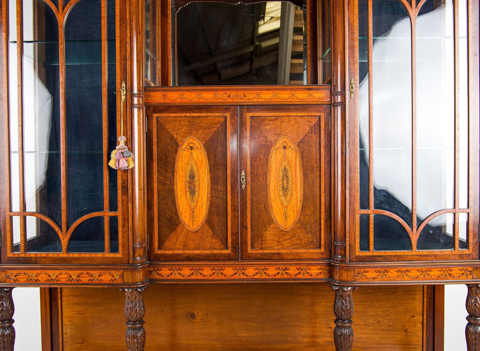 Victorian Mahogany Satinwood Inlaid Breakfront Display Cabinet Glazed Vitrine C.1890 photo Furniture