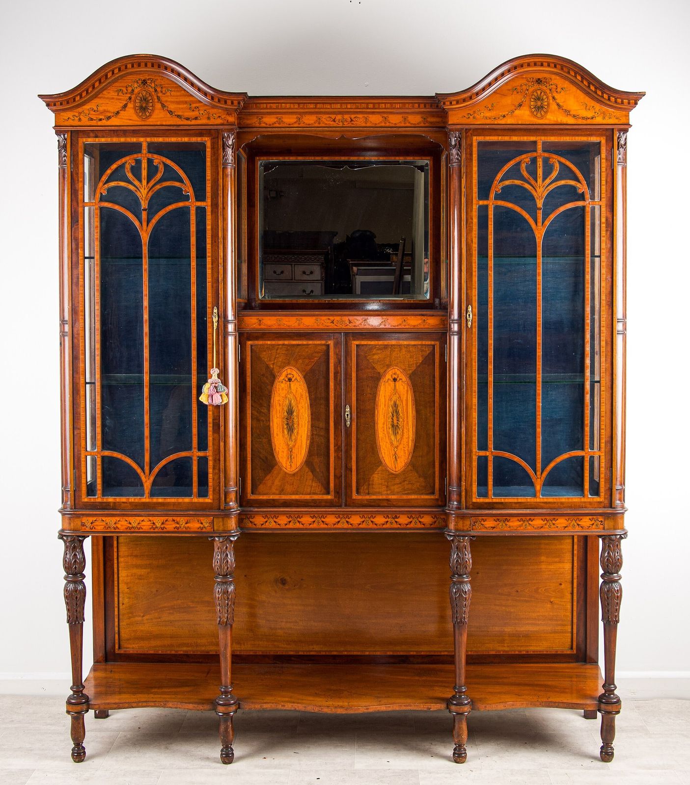 Victorian Mahogany Satinwood Inlaid Breakfront Display Cabinet Glazed Vitrine C.1890