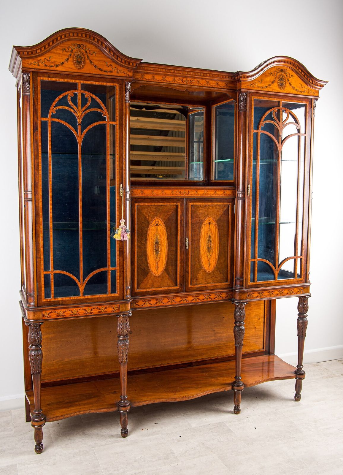 Victorian Mahogany Satinwood Inlaid Breakfront Display Cabinet Glazed Vitrine C.1890 photo 1800.0