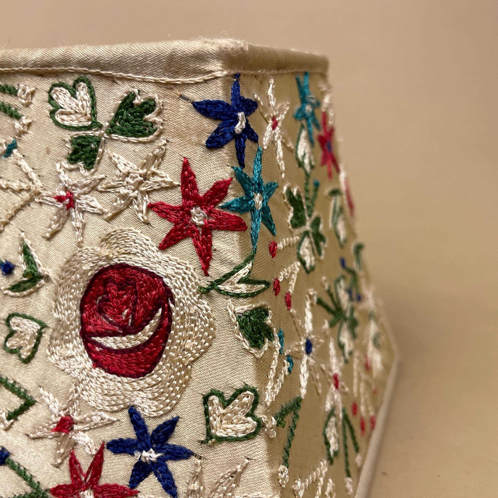 photo for sale Antique Silk Hand Embroidered Lamp Shade Lampshade Small Floral Pattern Cream Old Vintage Square Ditsy Decorative Light