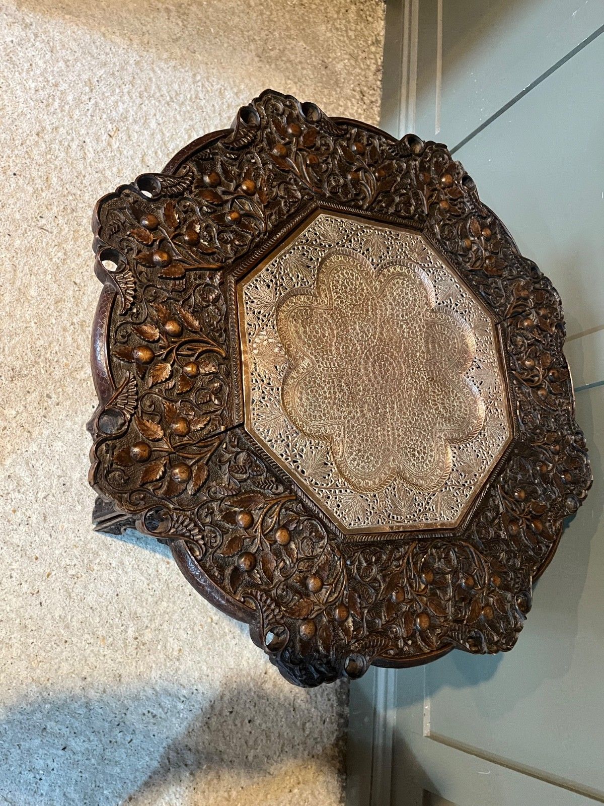 Antique Table Carved Wood Copper Insert Burmese Carved Wood Table photo vinterior