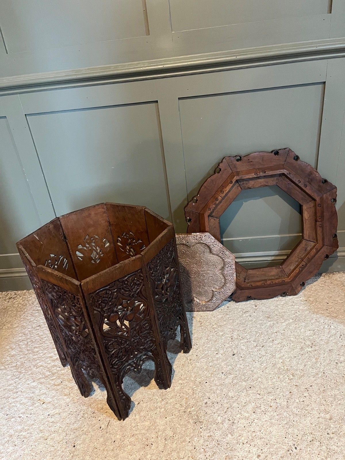 Furniture Antique Table Carved Wood Copper Insert Burmese Carved Wood Table photo