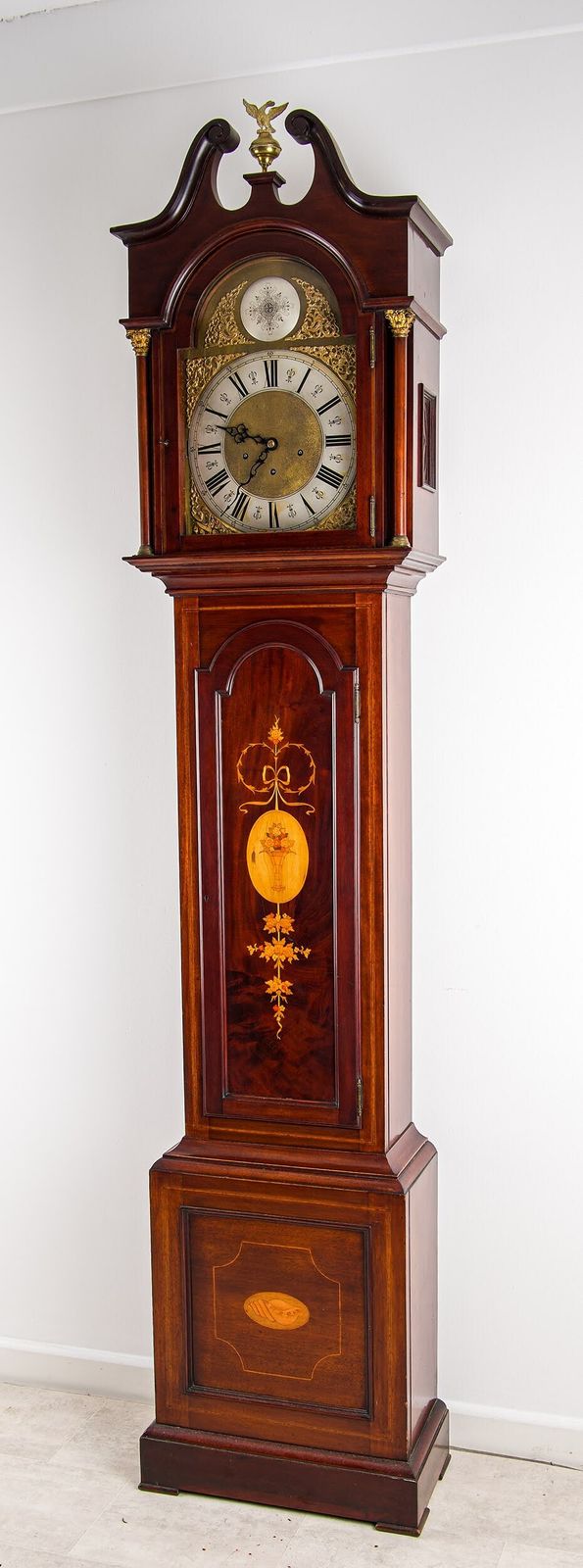 Antique Mahogany Longcase Grandfather Clock Inlaid Brass Arch Dial Eagle C1920 photo furniture