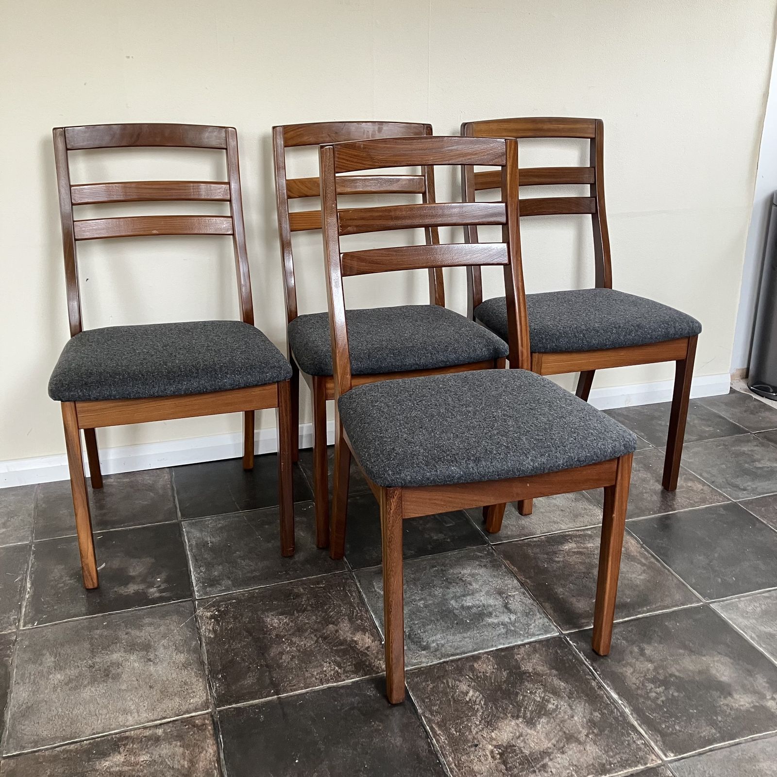 Mid Century Ladder Back Teak Dining Chairs By Nathan: Reupholstered Anthracite Grey Wool, Scandi Design, Set Of 4 photo furniture