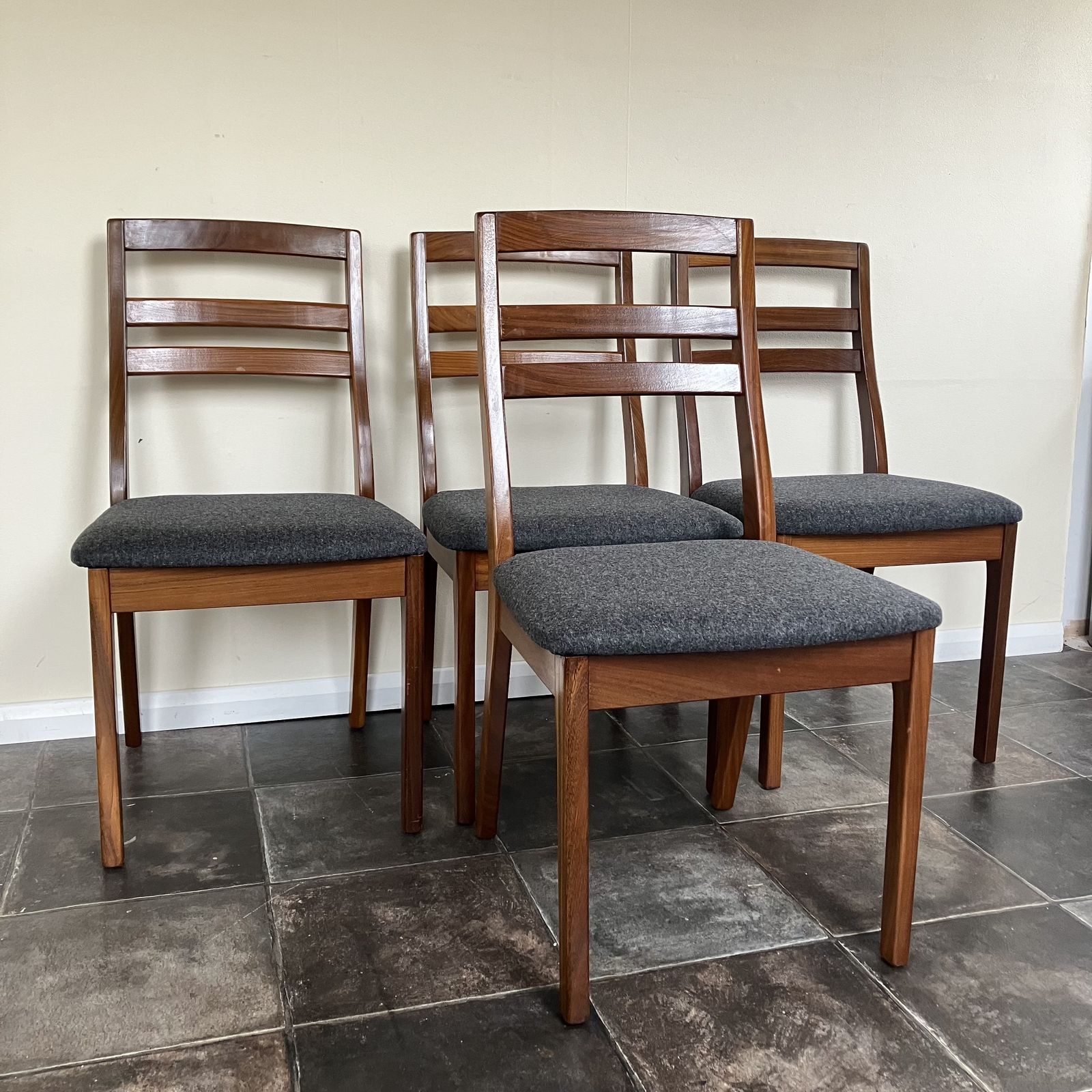 Mid Century Ladder Back Teak Dining Chairs By Nathan: Reupholstered Anthracite Grey Wool, Scandi Design, Set Of 4
