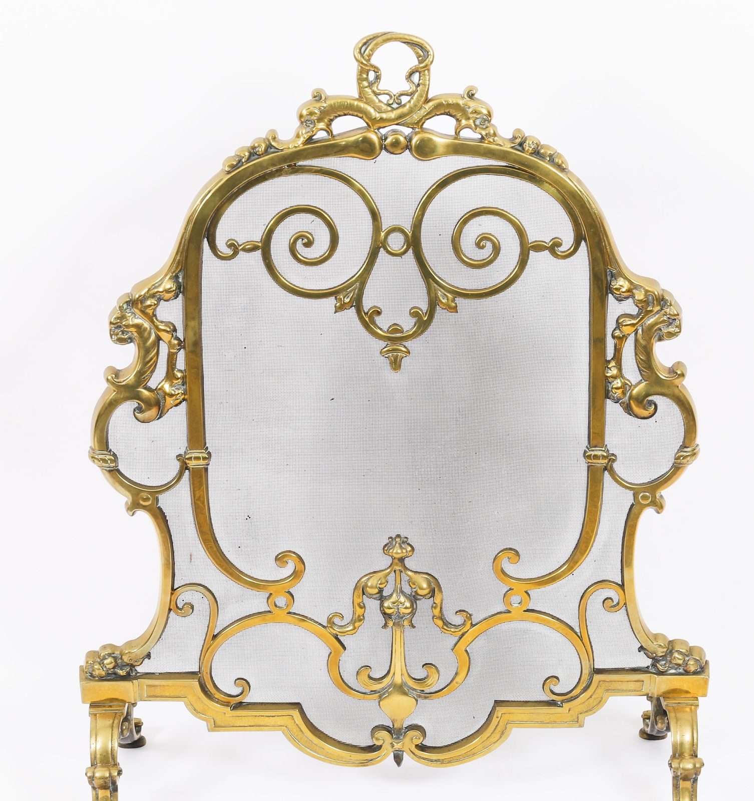 French Louis Revival Brass Mesh Dolphin Fire Screen 19th Century photo for sale