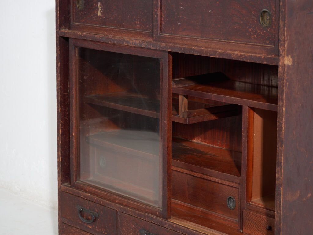 Furniture Antique Japanese Tea Cabinet (Cha Tansu) With Glass Sliding Doors – Taisho / Showa – Circa 1920–1950 photo
