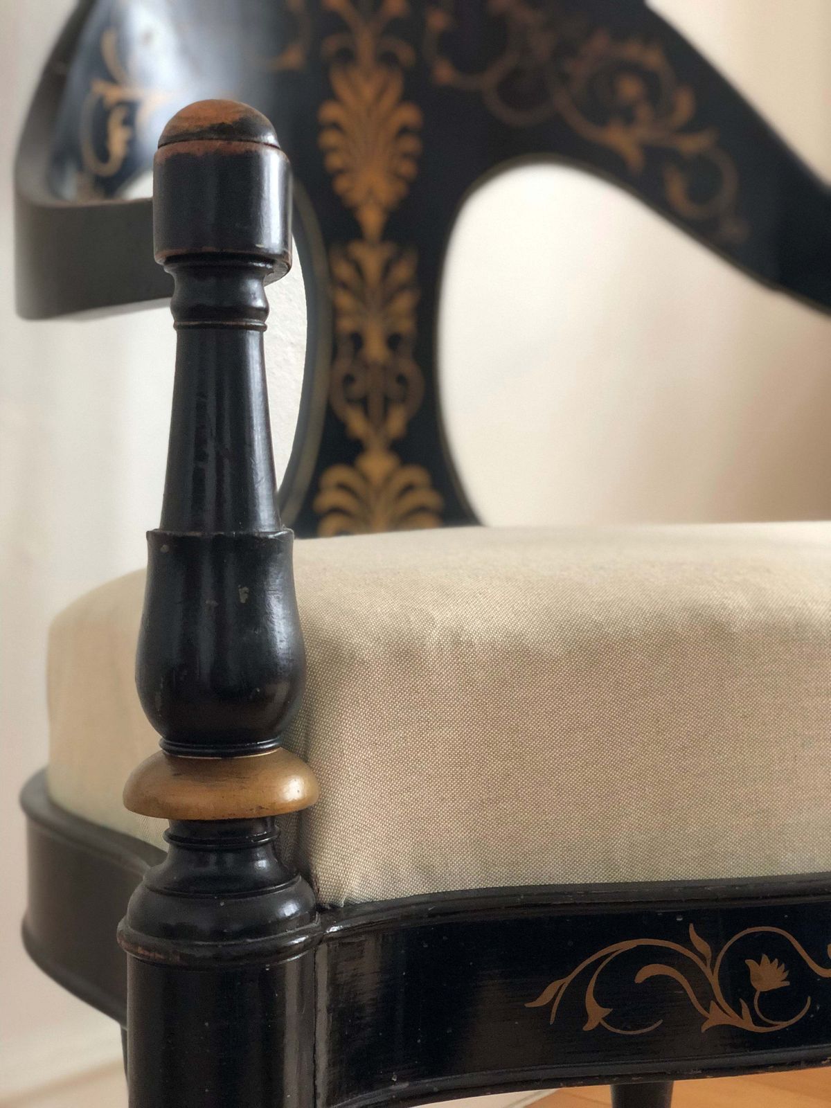 Danish Cabinetmaker Armchair, 1860s, Black Lacquer With Gold Decoration, Brass Castors, Empire/Biedermeier photo 2290.0