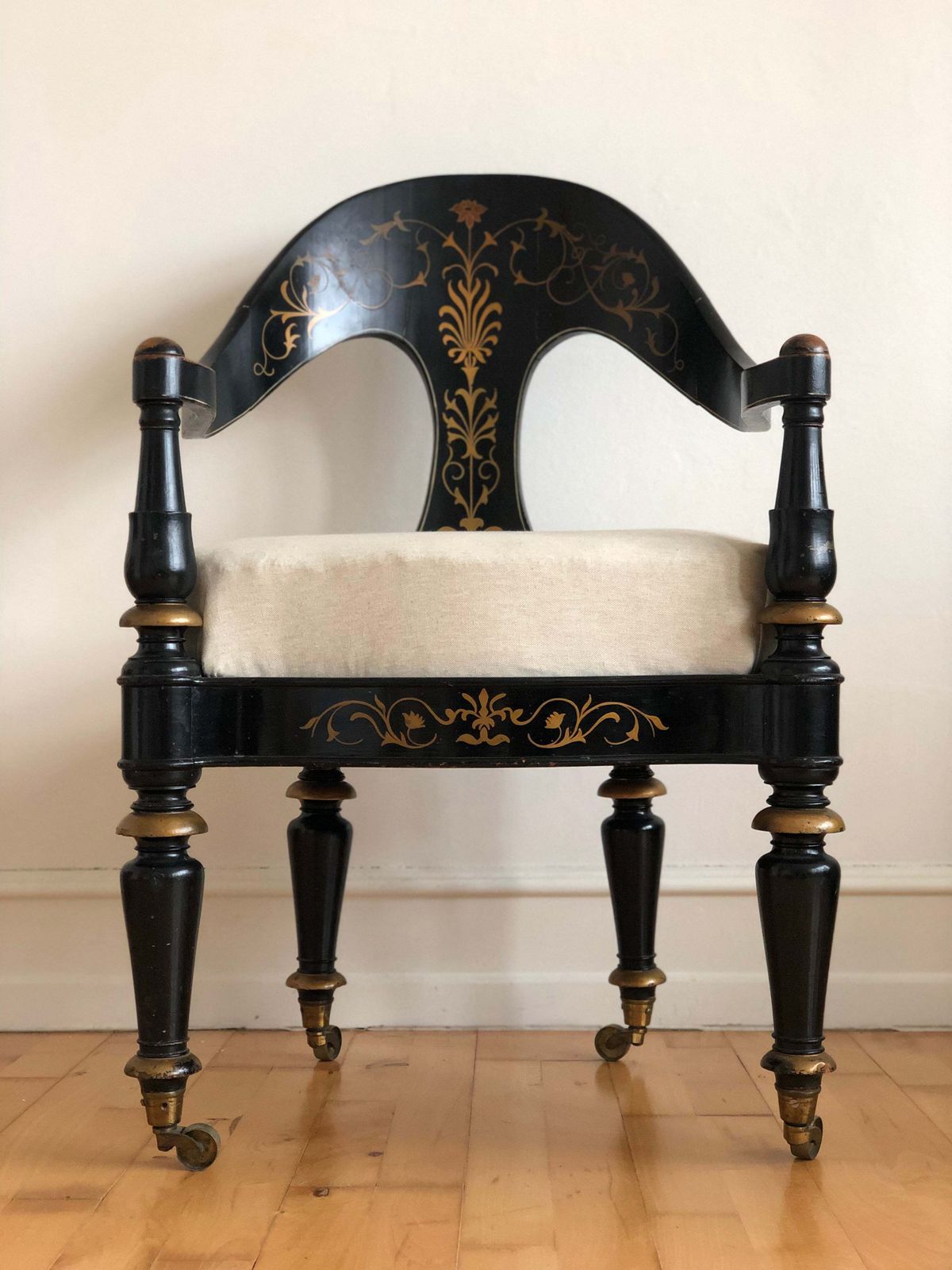 Danish Cabinetmaker Armchair, 1860s, Black Lacquer With Gold Decoration, Brass Castors, Empire/Biedermeier photo buy