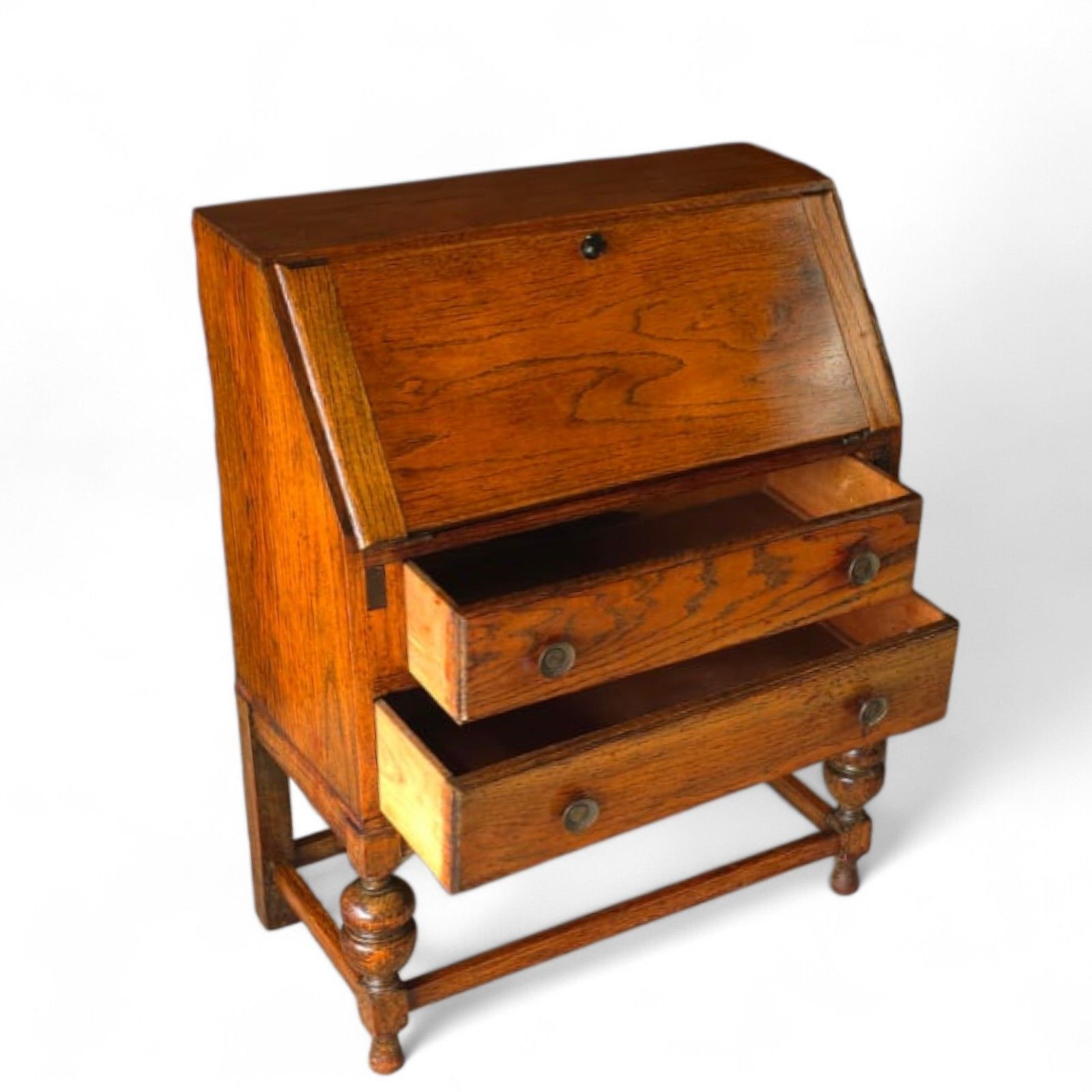 Vintage Jacobean Revival Oak Bureau With Turned Legs & Two Drawers photo Furniture