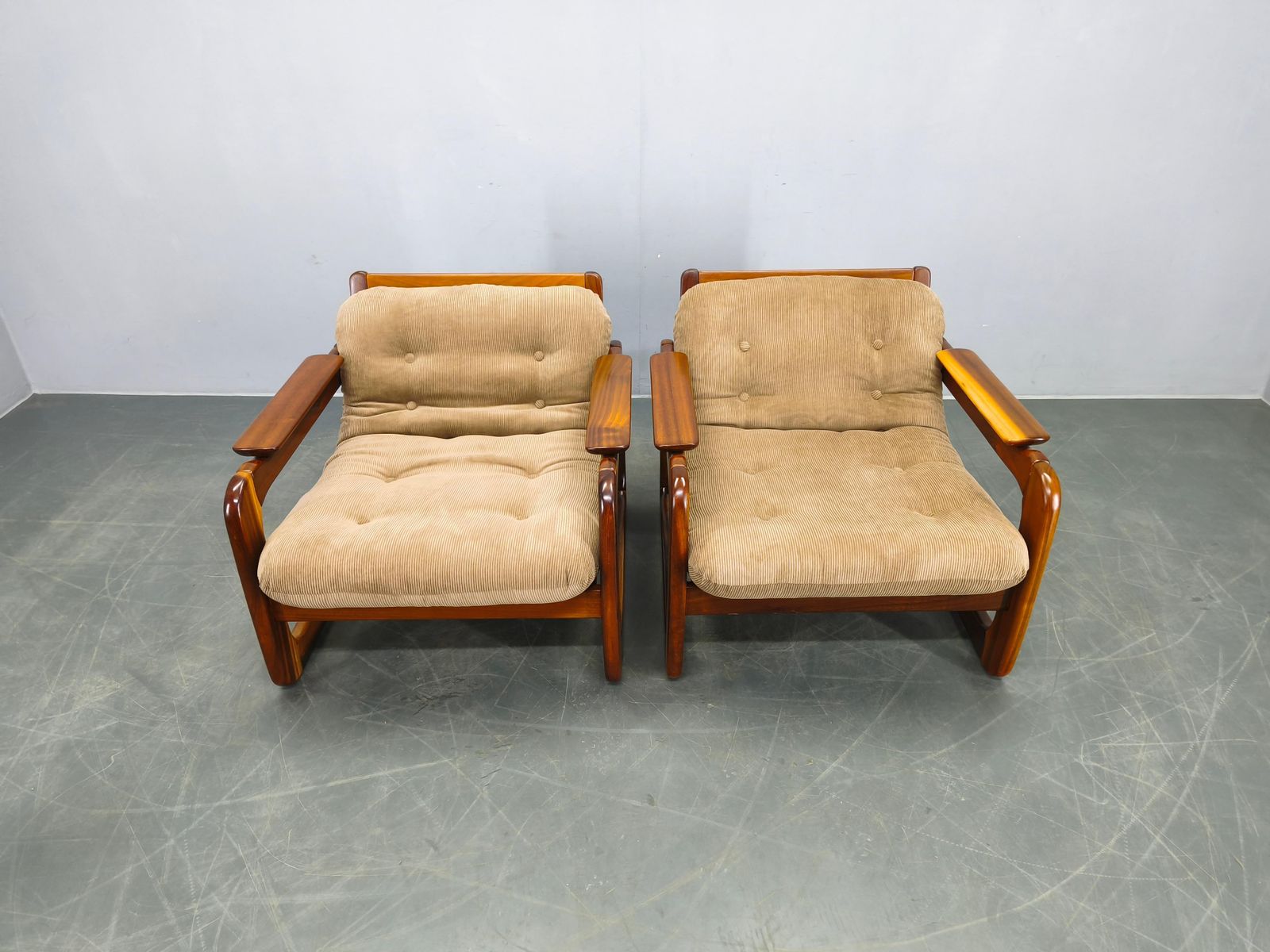 Pair Scandinavian Lounge Chairs 1970s Wood Corduroy Upholstery photo furniture