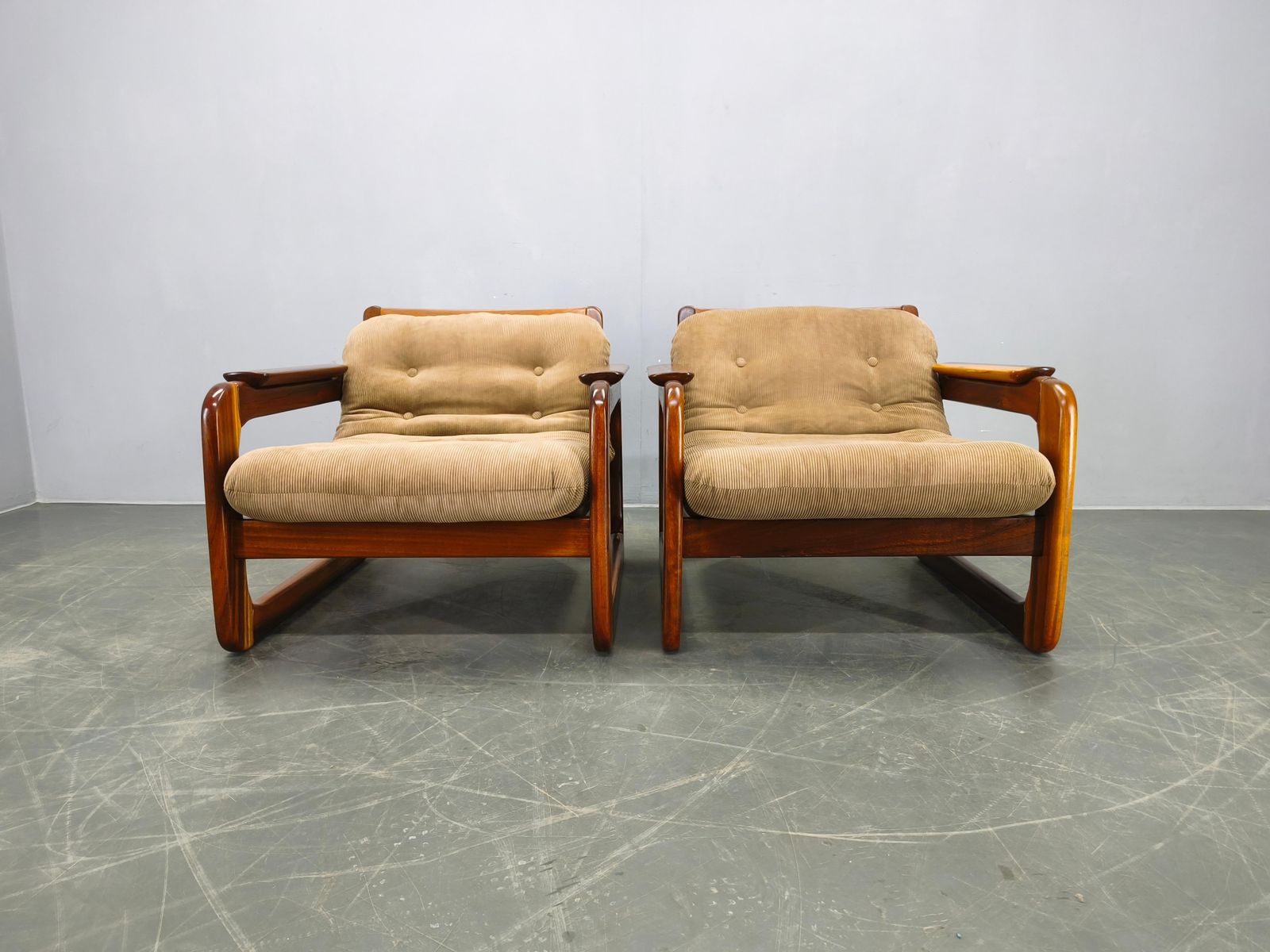 Pair Scandinavian Lounge Chairs 1970s Wood Corduroy Upholstery photo for sale