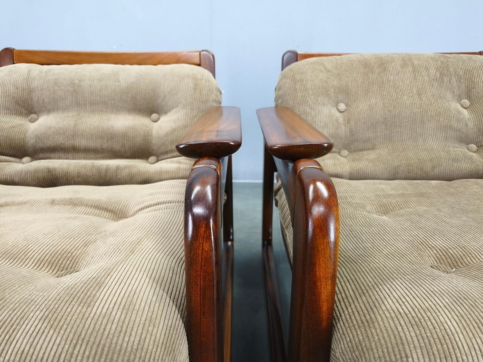 photo furniture Pair Scandinavian Lounge Chairs 1970s Wood Corduroy Upholstery