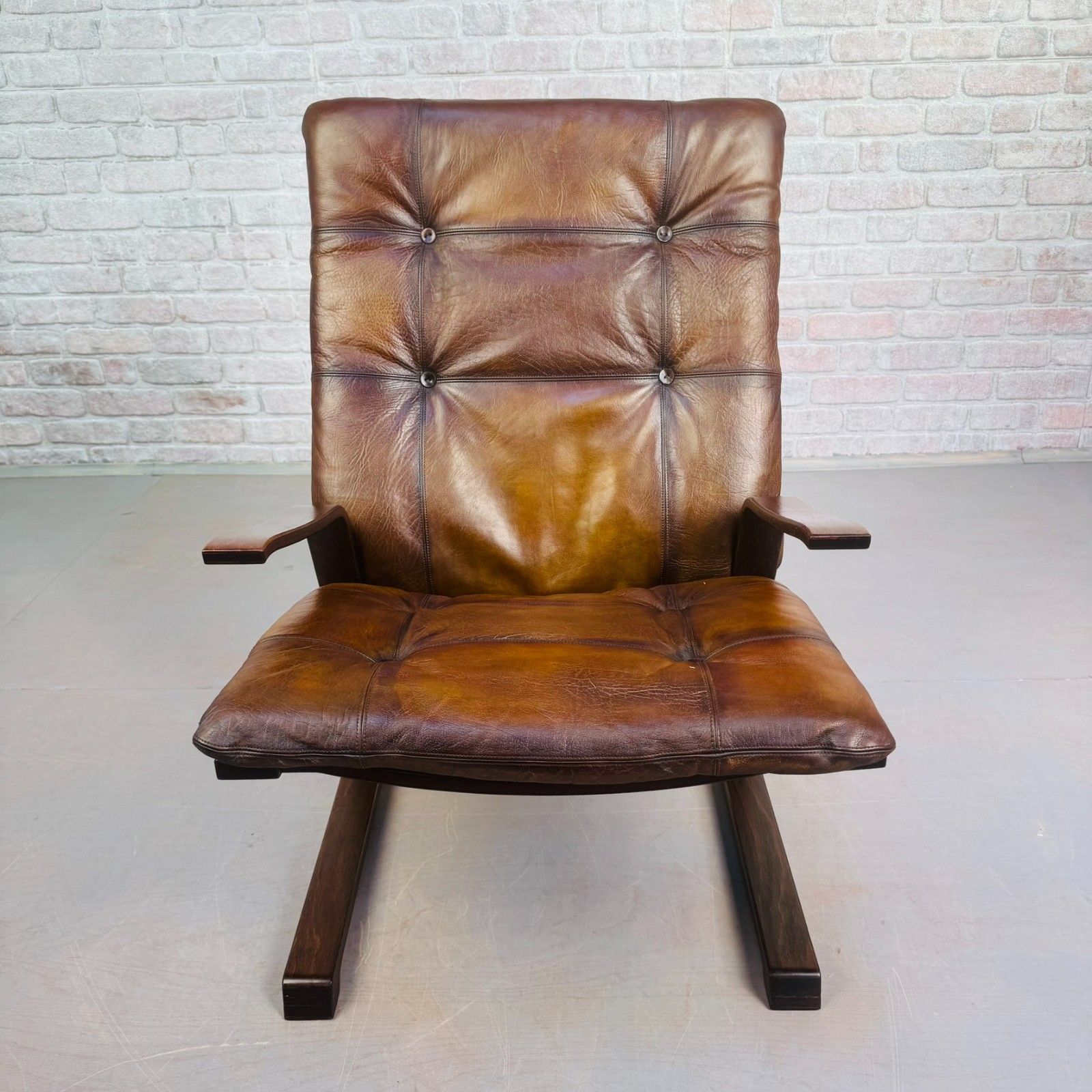 Vintage Danish Brown Leather Cantilever Chair – Sleek Design & Rich Patina photo for sale