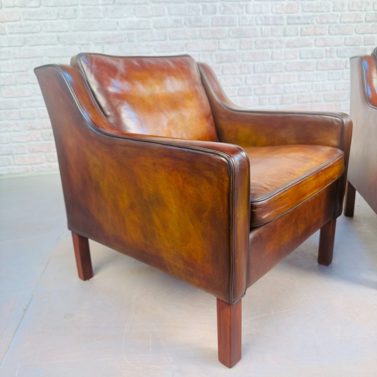photo furniture Pair Of Tan Leather Børge Mogensen Style Danish Armchairs – Hand Dyed Patina