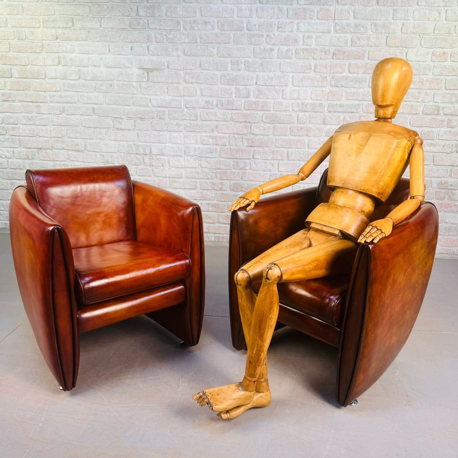 Neat Pair Of Contemporary Danish Tan Leather Armchairs – Compact, Comfortable photo for sale