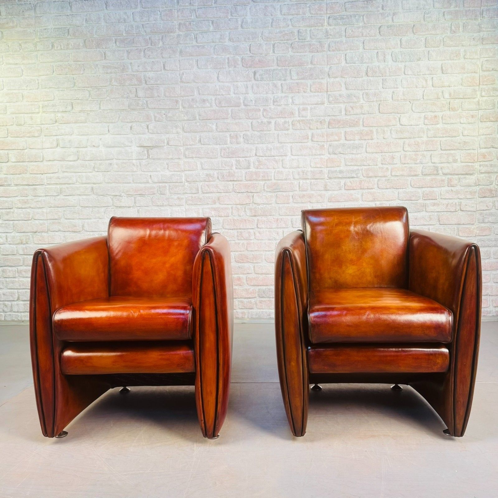 Neat Pair Of Contemporary Danish Tan Leather Armchairs – Compact, Comfortable photo Furniture