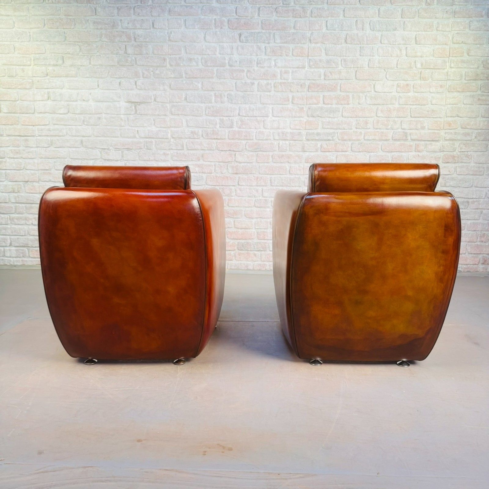 photo for sale Neat Pair Of Contemporary Danish Tan Leather Armchairs – Compact, Comfortable