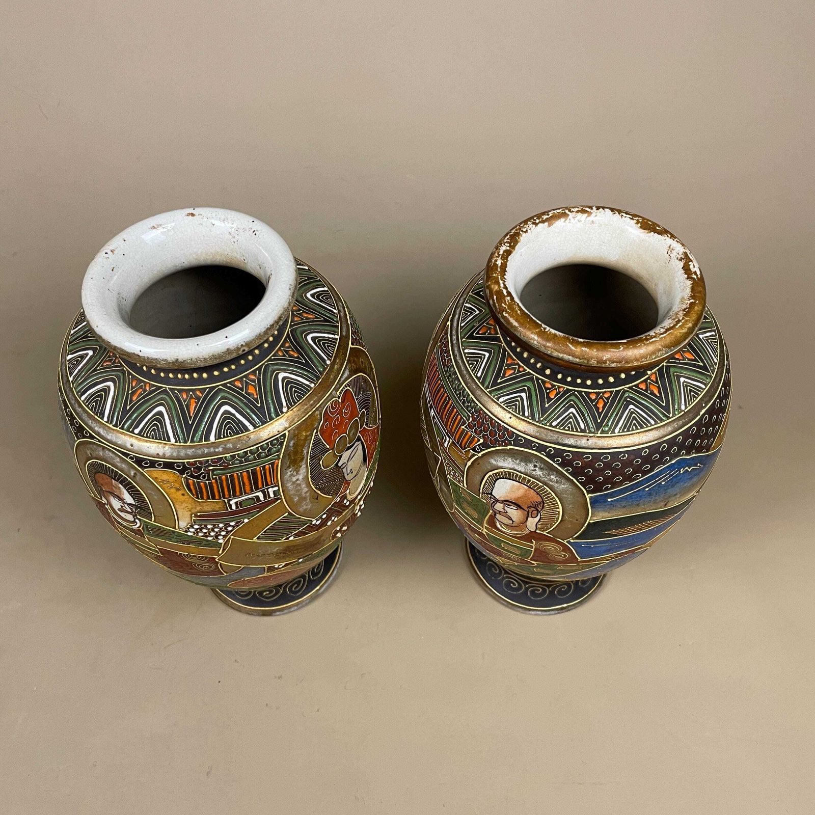 Pair Of 2 Antique Oriental Japanese Ceramic Porcelain Hand Painted Vase Pattern Decorative Vintage Asian Old Colourful Set Mantle Vases photo for sale