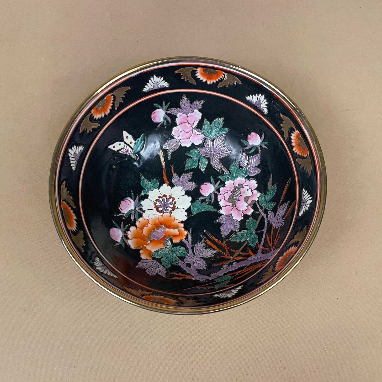 Oriental Ceramic Hand Painted Floral Bowl Plate Japanese Decorative Asian Round Porcelain Black Pink 20cm Hand Painted Display Antique photo 79.0