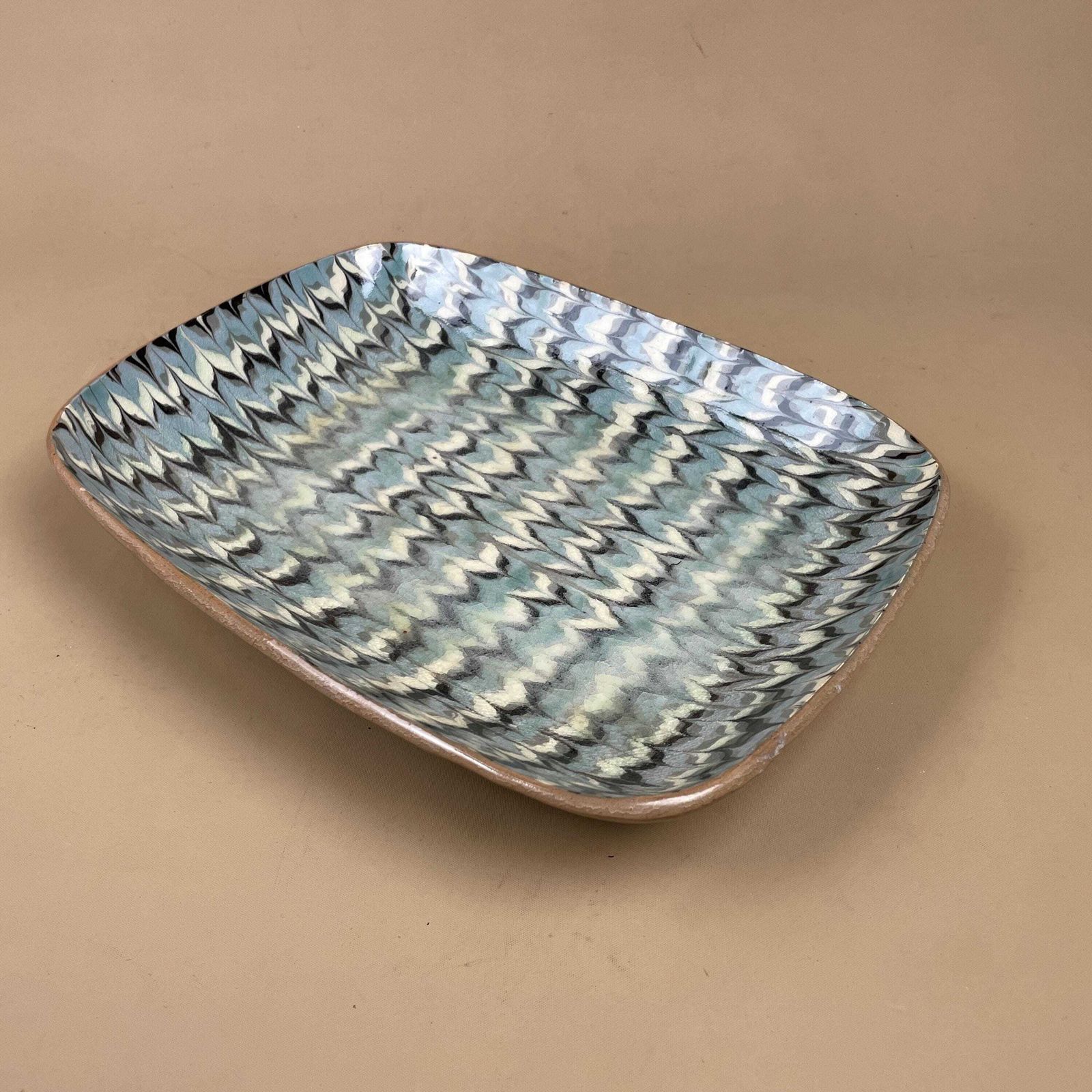 Handmade Marbled Clay Plate Dish Display Fruit Rectangle Studio Pottery Blue White Patterned Vintage Pattern Marble