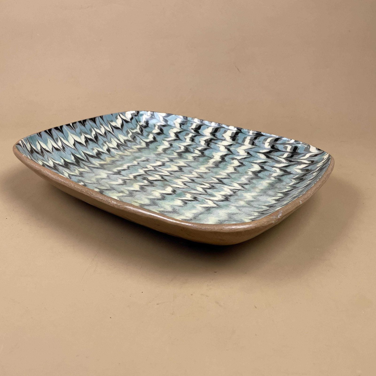 photo furniture Handmade Marbled Clay Plate Dish Display Fruit Rectangle Studio Pottery Blue White Patterned Vintage Pattern Marble