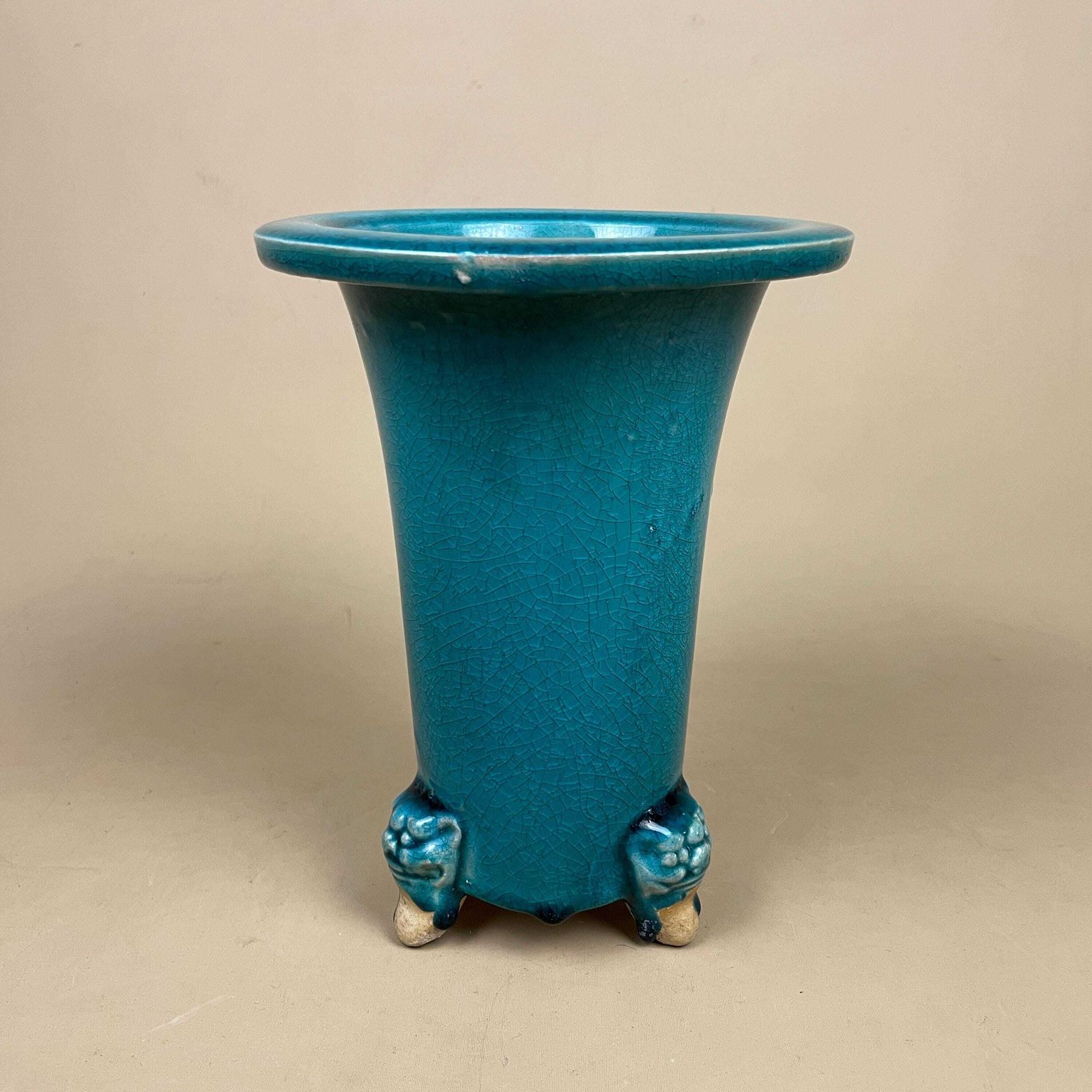 Oriental Antique Decorative Vase Ceramic Pot Chinese Vintage Display Turquoise Glaze Asian Lion Face Detail Feet Flute