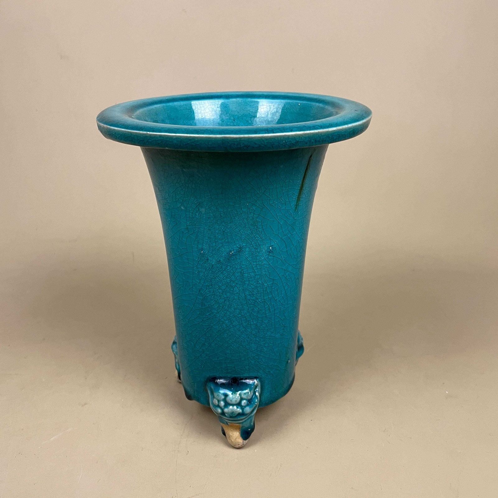 Oriental Antique Decorative Vase Ceramic Pot Chinese Vintage Display Turquoise Glaze Asian Lion Face Detail Feet Flute photo buy