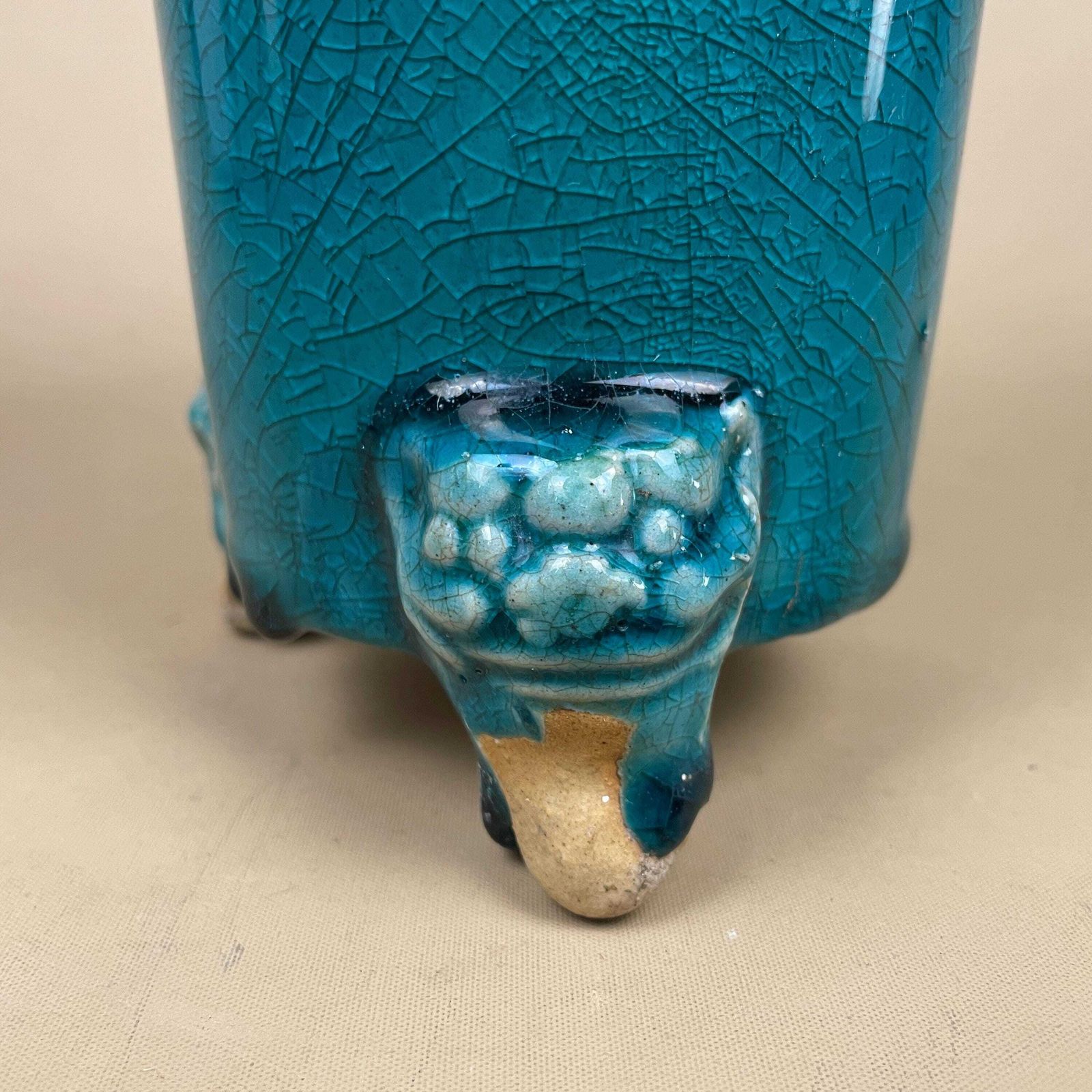 Oriental Antique Decorative Vase Ceramic Pot Chinese Vintage Display Turquoise Glaze Asian Lion Face Detail Feet Flute photo vintage