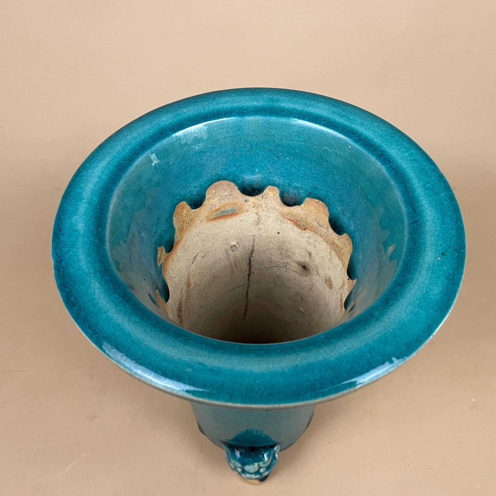 photo furniture Oriental Antique Decorative Vase Ceramic Pot Chinese Vintage Display Turquoise Glaze Asian Lion Face Detail Feet Flute