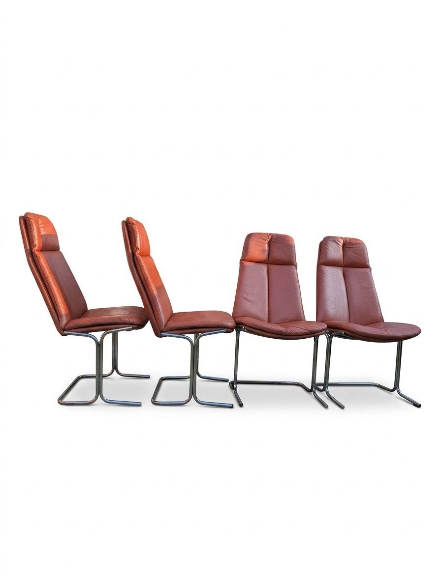 Set Of 4 Pieff Tim Bates Eleganza Dining/Desk Chairs, 1970s, Tan Leather Mcm photo furniture