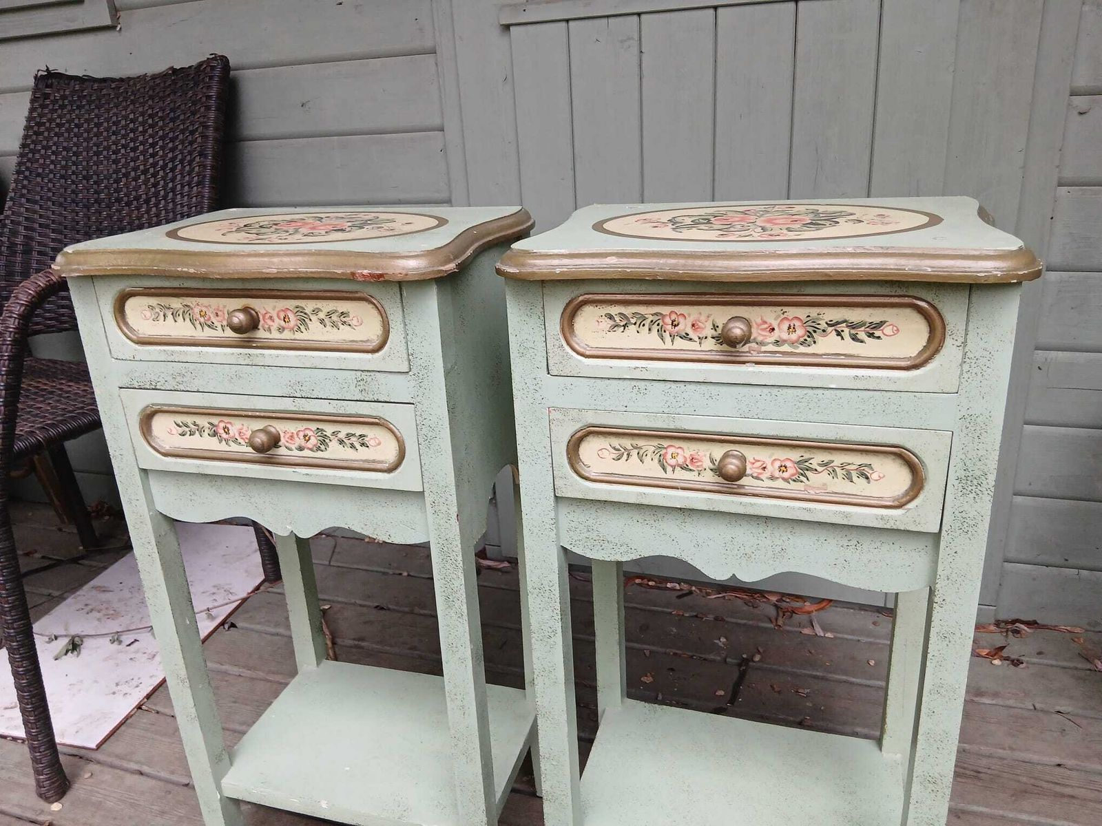 Vintage Matching Pair Of Italian Painted Bedside Tables / Nightstands. Drawers. Floral. photo for sale