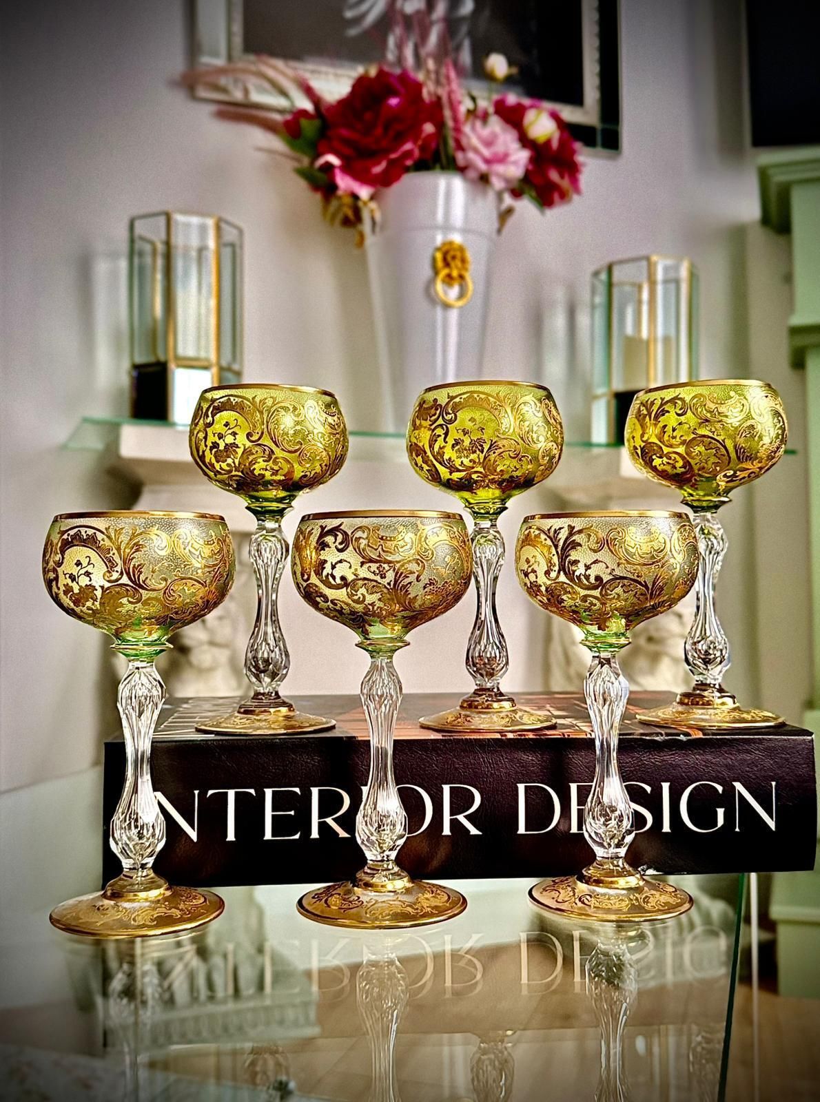 Set Of 6 Antique Gilded Roemer Wine Glasses, 19th Century