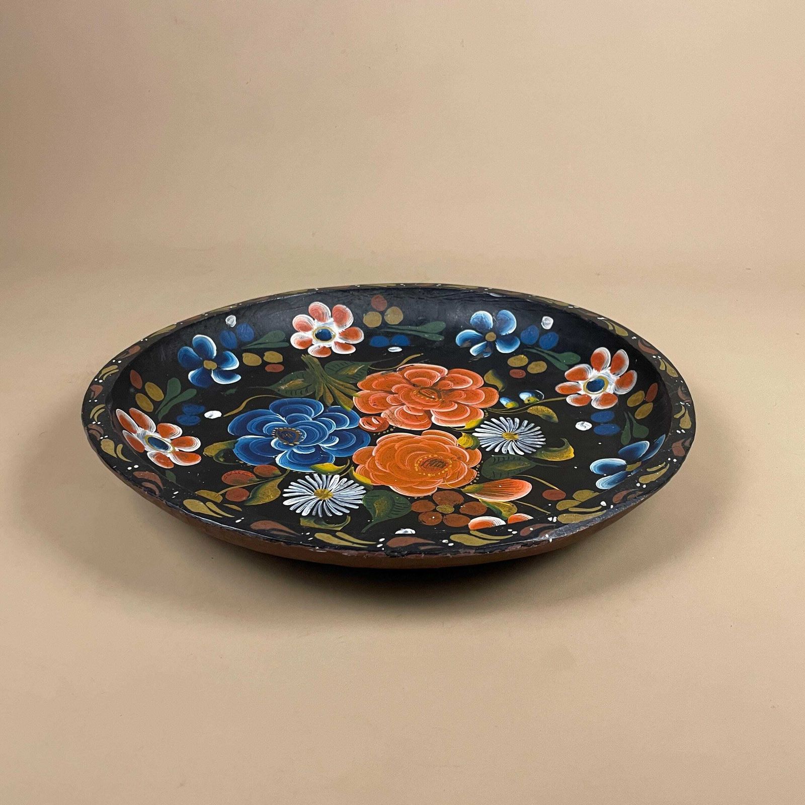 Mexican Wooden Bowl Hand Painted Floral Folk Art Round Decorative Dish Batea Pretty Vintage Flowers Red Blue Yellow photo Home Decor