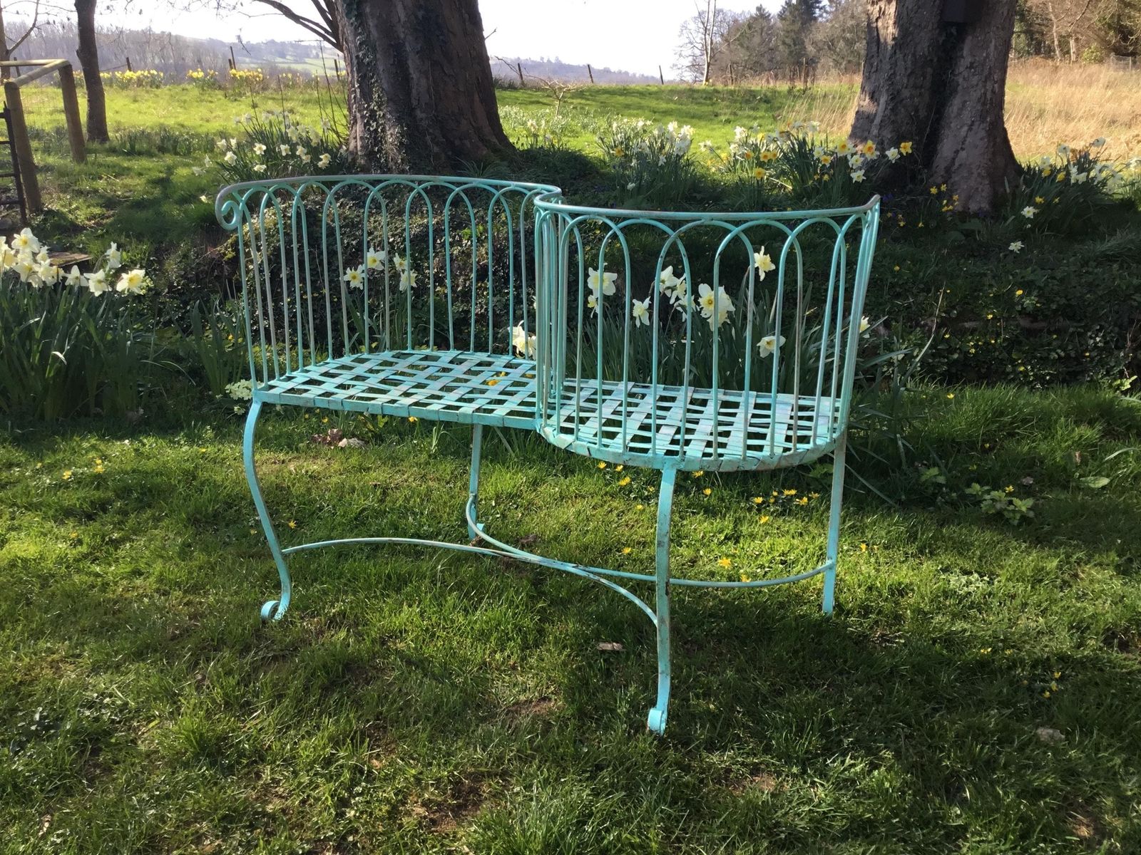 Vintage Decorative Wrought Iron Love Seat/Conversation Garden Bench photo vinterior