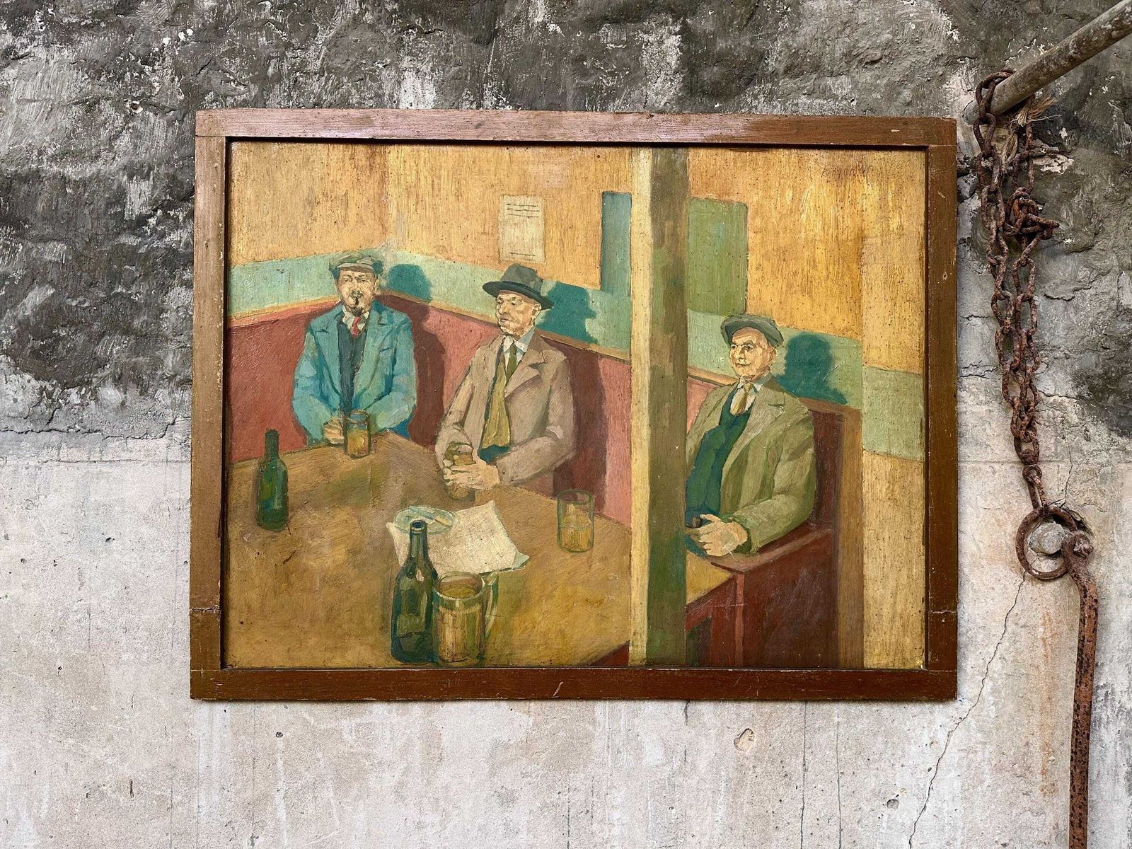 Large Naive Original Oil Painting On Board Welsh Gentlemen Drinkers In Tavern Pub 1960 photo furniture