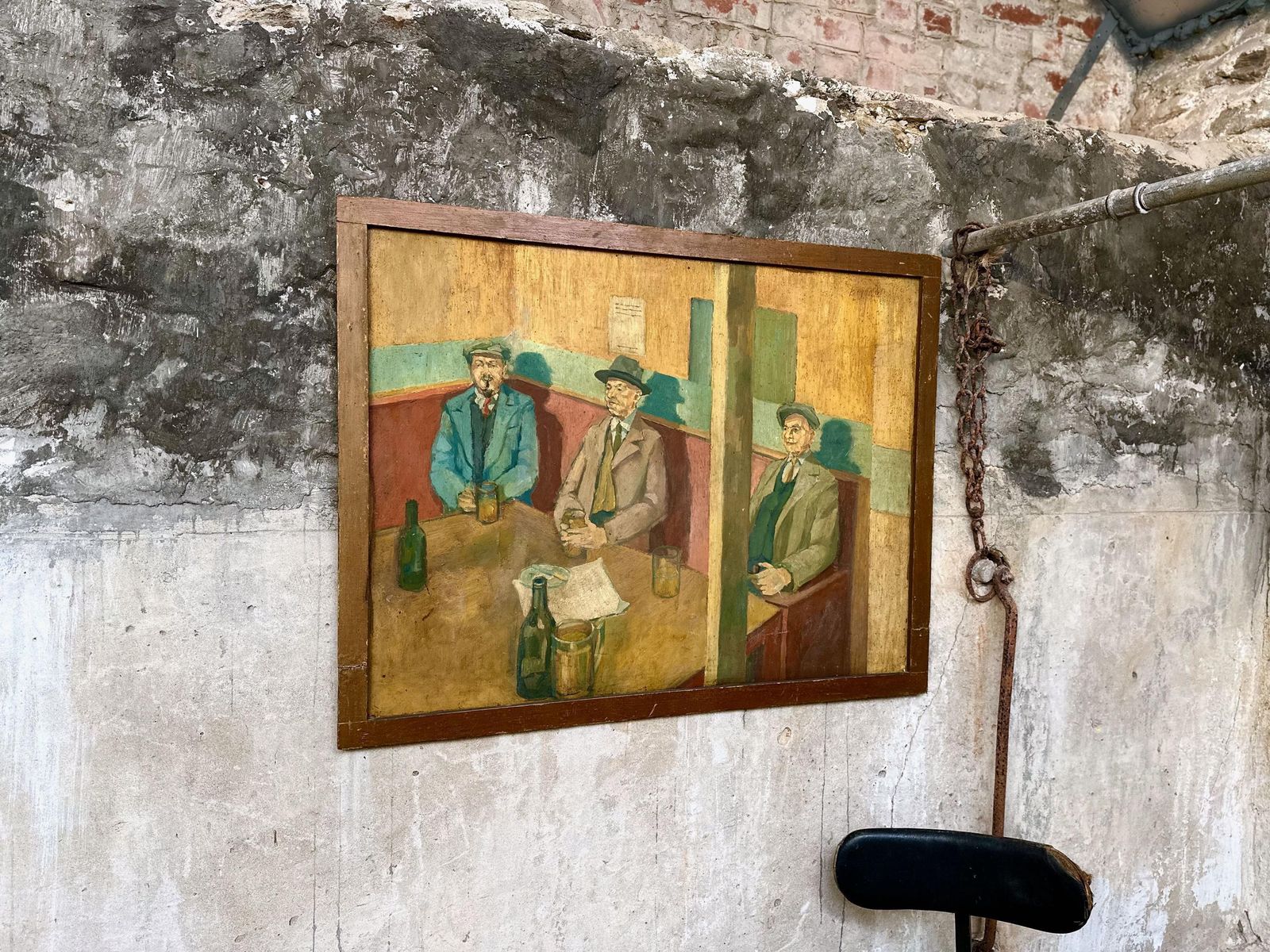 Large Naive Original Oil Painting On Board Welsh Gentlemen Drinkers In Tavern Pub 1960 photo for sale