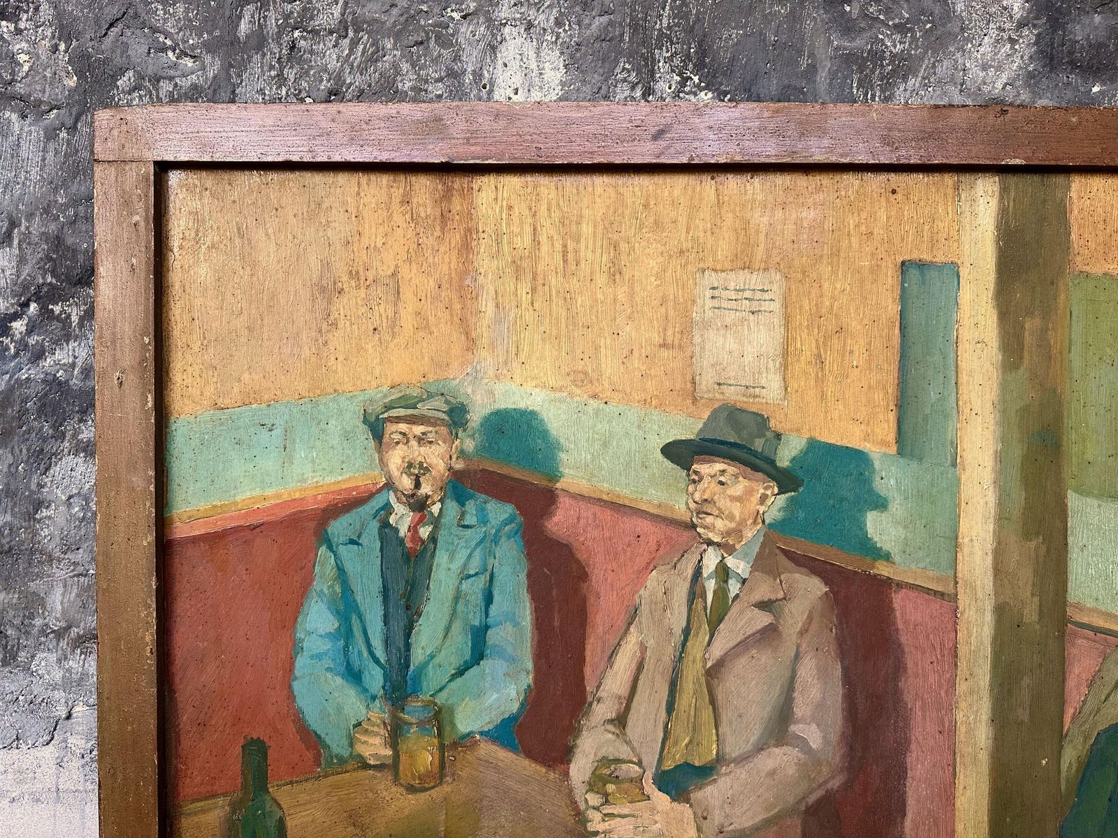 Large Naive Original Oil Painting On Board Welsh Gentlemen Drinkers In Tavern Pub 1960 photo 495.0