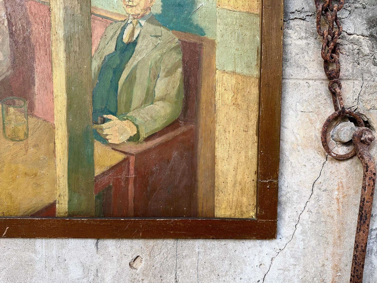 photo for sale Large Naive Original Oil Painting On Board Welsh Gentlemen Drinkers In Tavern Pub 1960