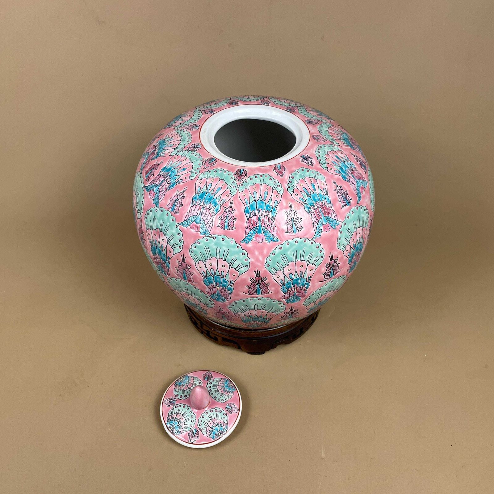 Oriental Decorative Vase Ceramic Pink Peacock Design Pot Chinese Vintage Display Lidded Ginger Jar Lid Pattern Ornament Wooden Ornate Base photo for sale